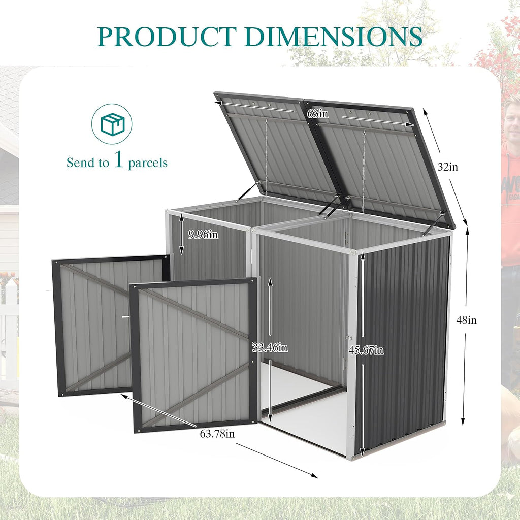 54 Cu Ft Outdoor Storage Shed, Metal Garbage Tool Trash Can Storage, Stainless Galvanized Steel, Pneumatic Support Rod, 2 Chains, Bike Storage Shed for 2 Trash Bins (Dark Gray)