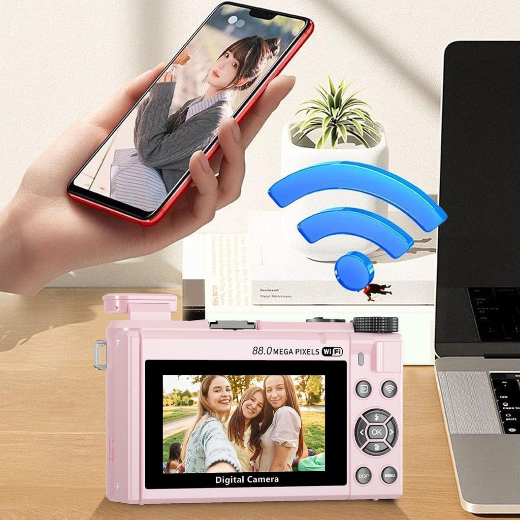 PUSOKEI 8K Digital Camera for Photography, 88MP Vlogging Camera with 3' 180 Flip Screen, 18X Zoom, Autofocus, Wide Angle Lens, WiFi Mirrorless Cameras with 32GB Card, 2 Batteries (Pink)