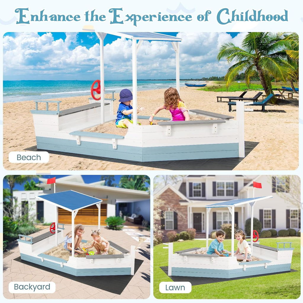 HONEY JOY Pirate Ship Kids Sandbox, Wooden Sand Box w/Storage Bench, Seat, Ground Liner, Sandpit Boat w/Rudder, Buoy, Realistic Flag, Children Outdoor Furniture for Backyard, Lawn, Garden