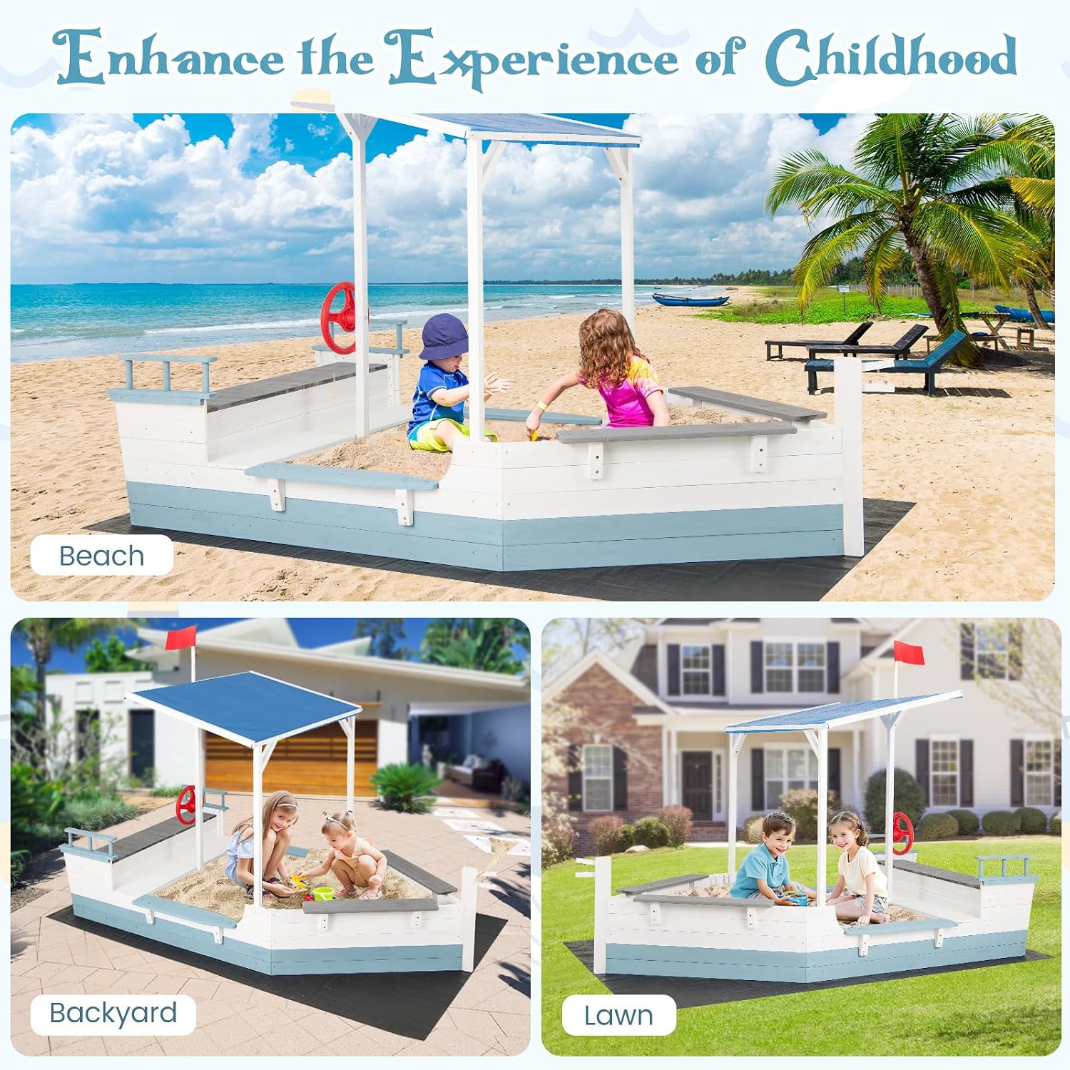 HONEY JOY Pirate Ship Kids Sandbox, Wooden Sand Box w/Storage Bench, Seat, Ground Liner, Sandpit Boat w/Rudder, Buoy, Realistic Flag, Children Outdoor Furniture for Backyard, Lawn, Garden