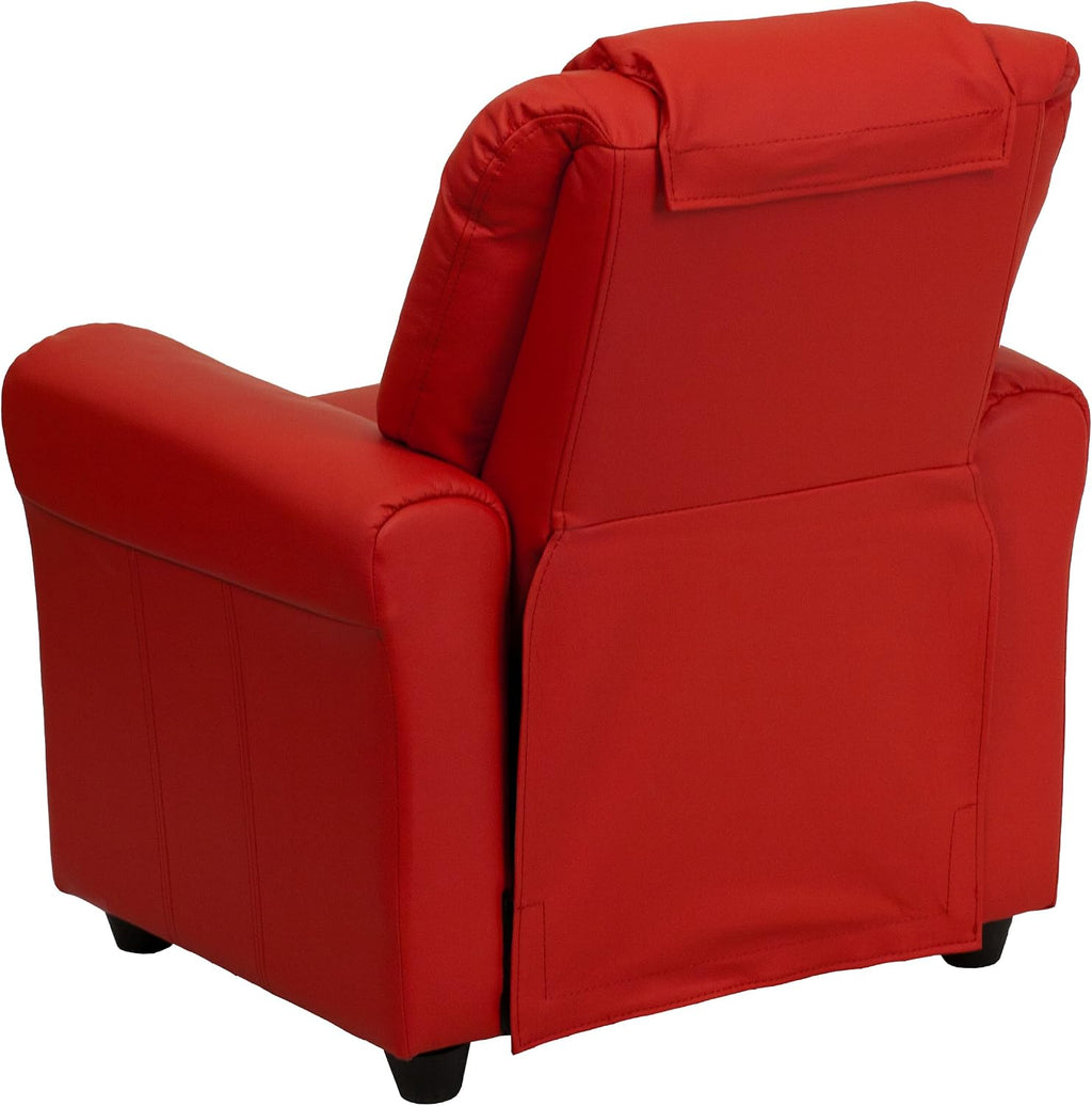 Flash Furniture Vana Vinyl Kids Recliner with Cup Holder, Headrest, and Safety Recline, Contemporary Reclining Chair for Kids, Supports up to 90 lbs., Red