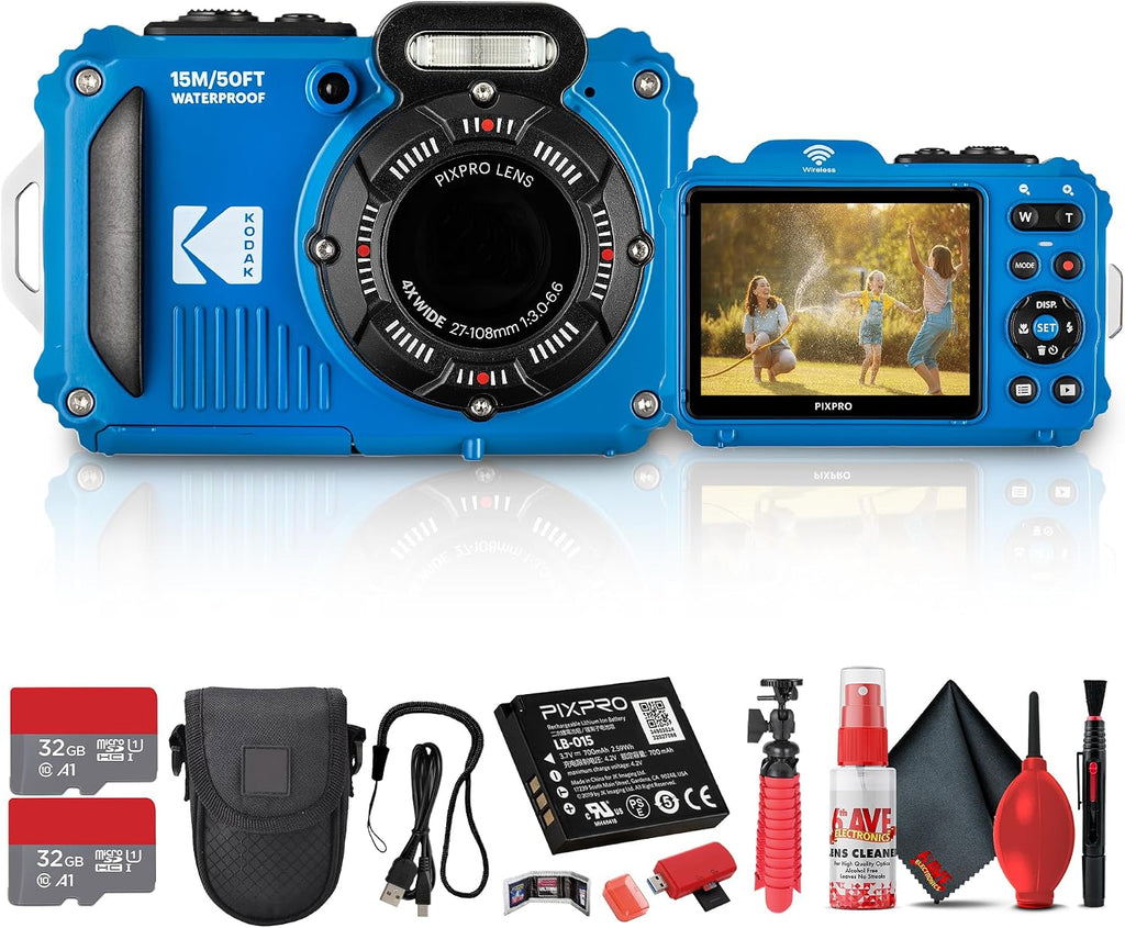 Kodak PIXPRO WPZ2 Digital Camera (Blue) | Waterproof, Shockproof & Dustproof Camera with 16MP Sensor, 1080p Video & 4X Optical Zoom | Travel & Outdoor use + 2X 32GB Card + Vlogger Tripod + Bag + More