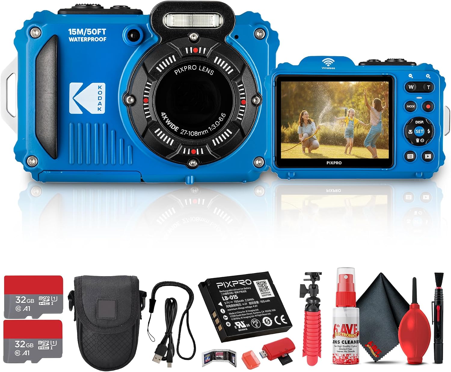 Kodak PIXPRO WPZ2 Digital Camera (Blue) | Waterproof, Shockproof & Dustproof Camera with 16MP Sensor, 1080p Video & 4X Optical Zoom | Travel & Outdoor use + 2X 32GB Card + Vlogger Tripod + Bag + More