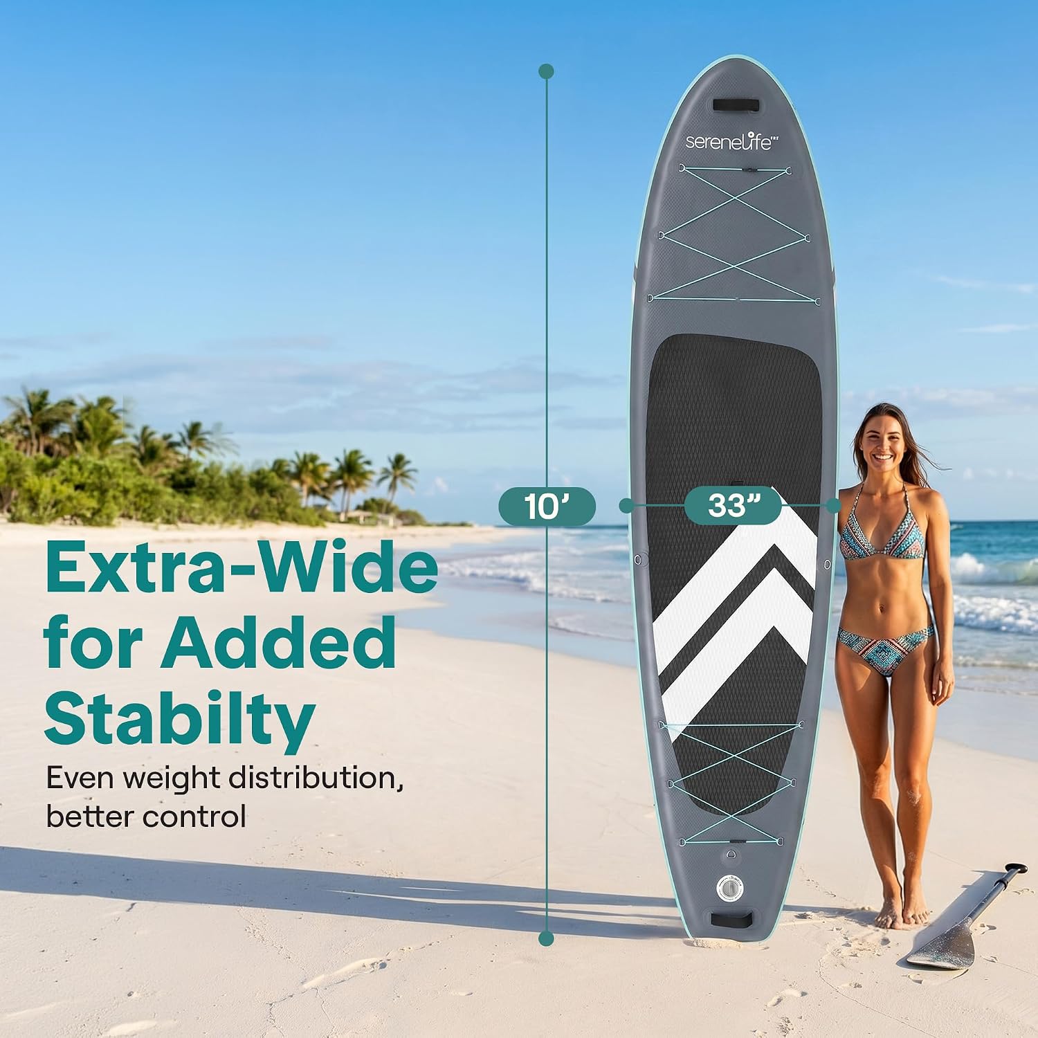 SereneLife Ultra-Light Inflatable Stand Up Paddle Board with Premium SUP Accessories - Extra Wide Stable Design with Non-Slip EVA Deck Pad for Youth and Adults of All Skill Levels - 350 lbs Capacity