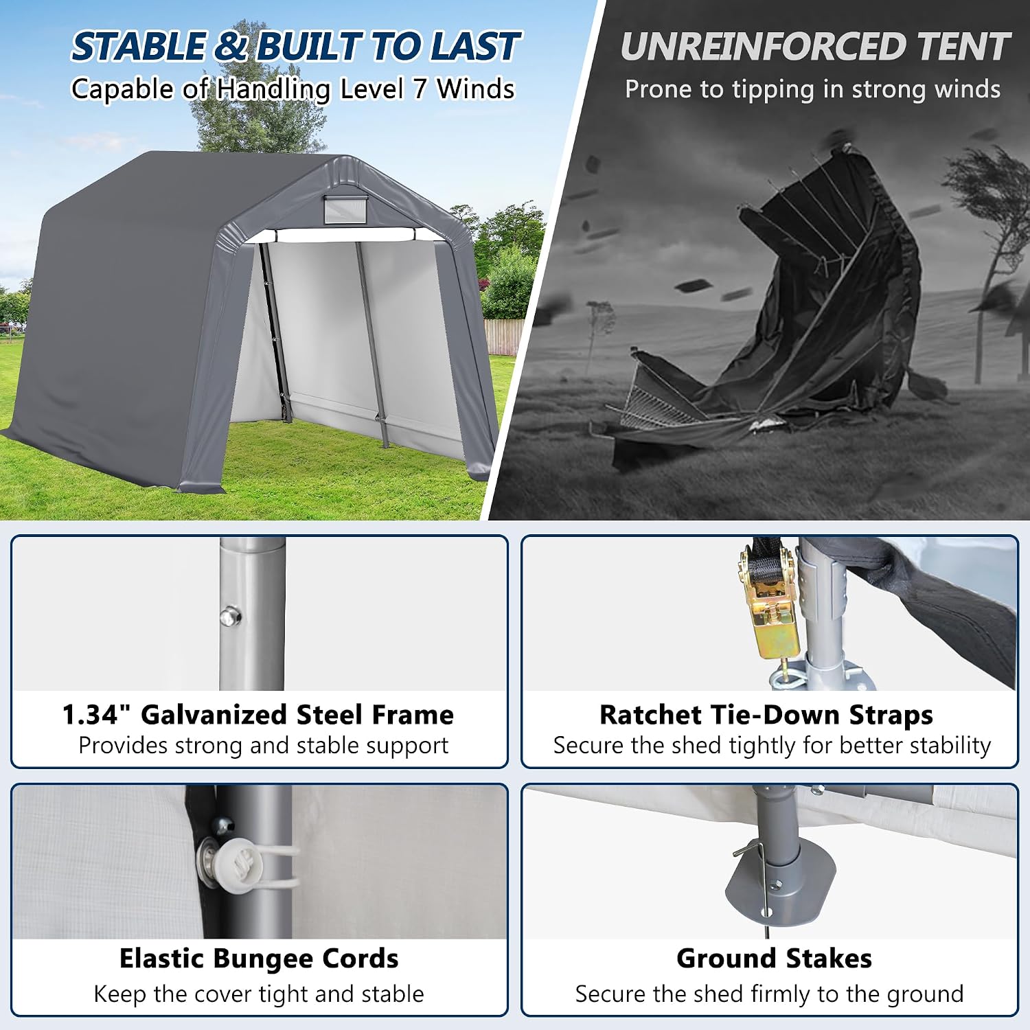 COVERONICS 8' x 14' Outdoor Storage Shed - Heavy Duty Portable Shelter Carport with Ventilation Windows and Roll-up Doors, Storage Shelter Tent for Motorcycle, Bike, Lawnmower and Garden Tools, Grey
