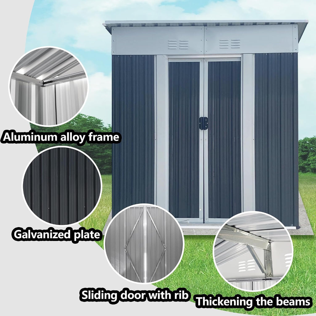 YOPTO 5x3FT Storage Shed with Sliding Lockable Door,Metal Outdoor Tool House W/Sloped Roof,All Weather Waterproof,for Backyard,Patio,Lawn,Garden,Grey