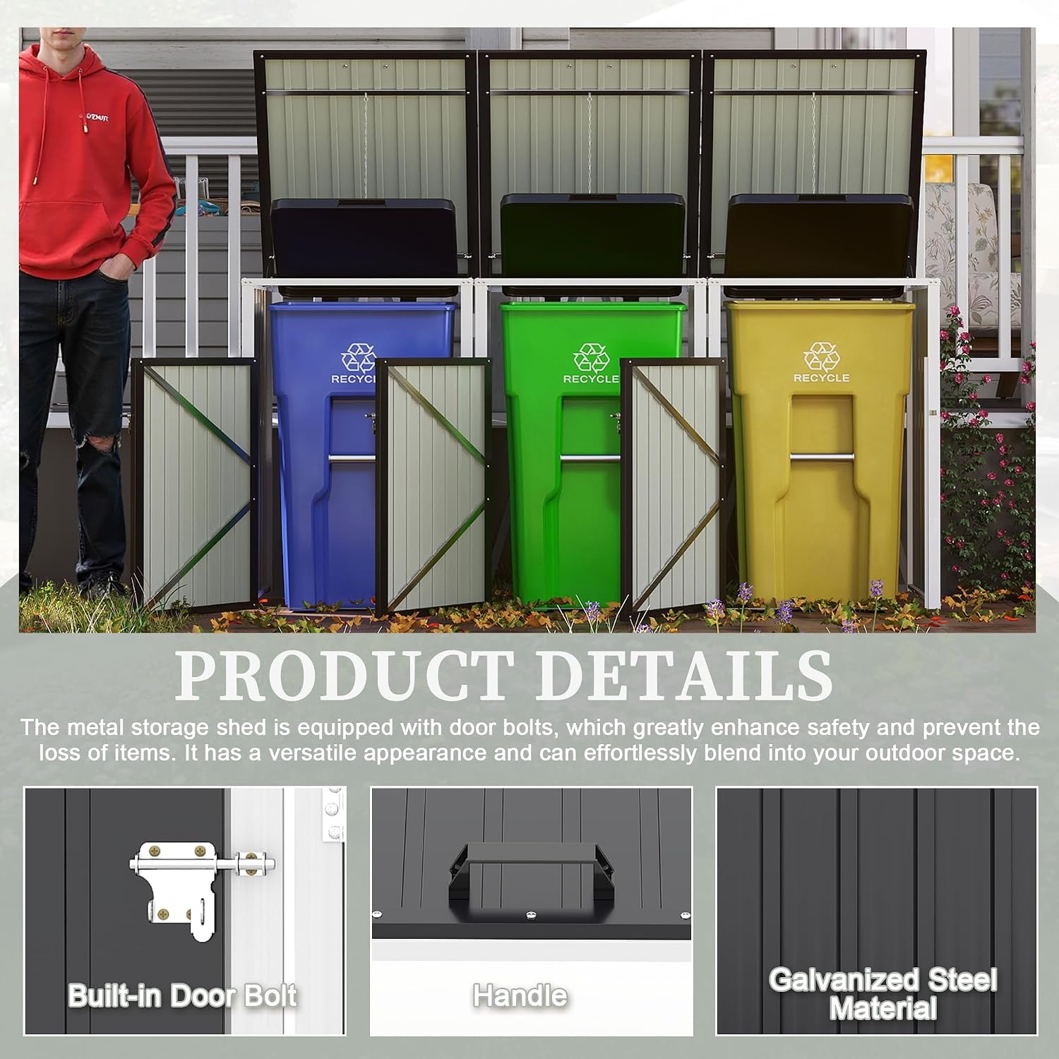 83 Cu Ft Outdoor Storage Shed, Metal Garbage Tool Trash Can Storage, Stainless Galvanized Steel, Pneumatic Support Rod, Bike Storage Shed for 3 Trash Bins (Dark Gray+3 Trash Can)