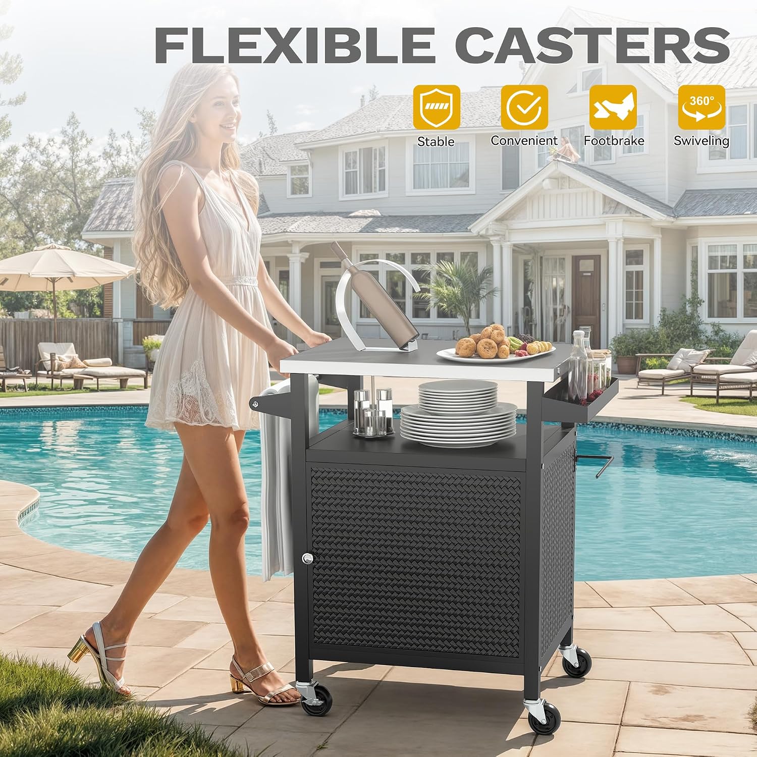DWVO Outdoor Grill Table,Outdoor Kitchen Island with Stainless Steel Top and Wheels,Grilling Cart for Kitchen Prep,BBQ,Grilling Accessories