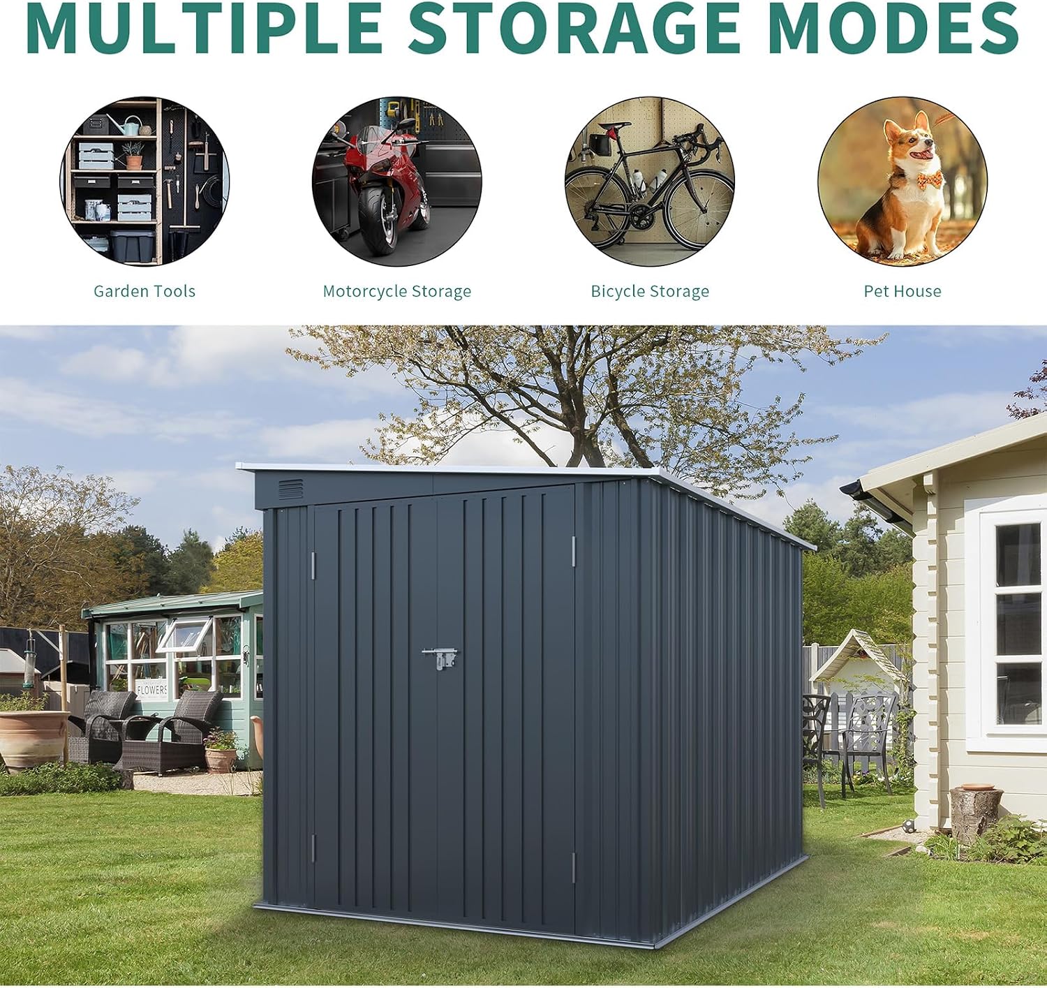 6x8 FT Outdoor Storage Shed, Galvanized Steel Metal Storage Shed with Lockable Doors, Storage Sheds Outdoor with Floor & Ventilation, Sloped Roof Metal Building for Tools (6x8 FT Steel)