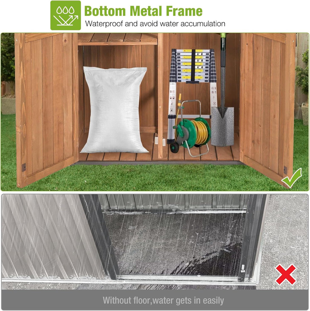 Outdoor Storage Shed with Strong Metal Frame, Garden Shed with Adjustable Shelfs and Waterproof Roof, Wooden Tool House with Floor, for Backyard Garden Patio Lawn, Brown