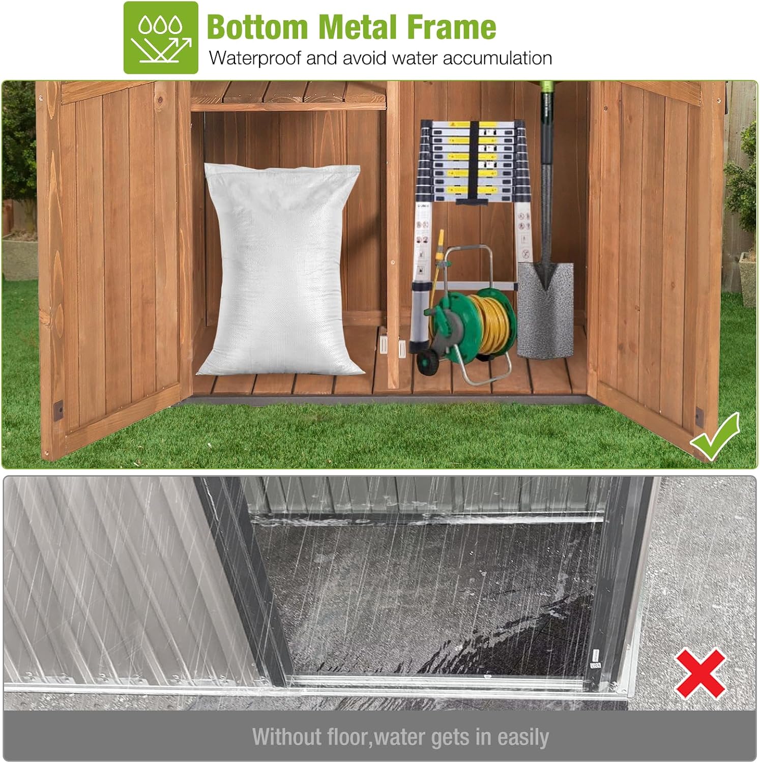 Outdoor Storage Shed with Strong Metal Frame, Garden Shed with Adjustable Shelfs and Waterproof Roof, Wooden Tool House with Floor, for Backyard Garden Patio Lawn, Brown