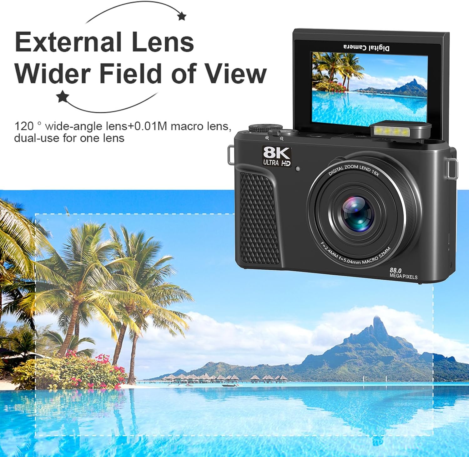 PUSOKEI 8K Digital Camera, Auto Focus 88MP Cameras for Photography, 18x Zoom WiFi Vlogging Camera, 3 inch Flip Screen, with Webcam Mode, Filter, Multiple Filters LED Fill Light (Black)