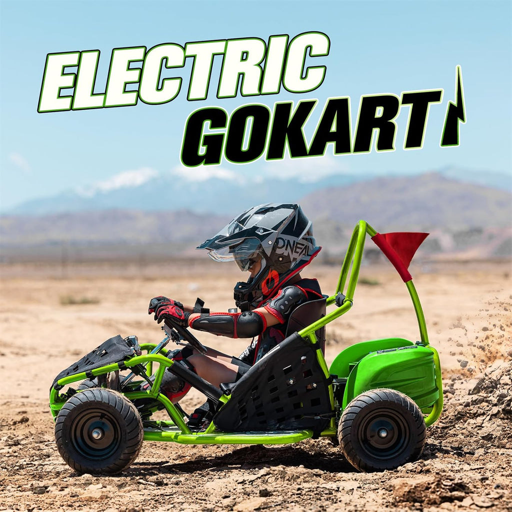 Electric Go Kart, 48V Powered Ride On Car, Steel Tubular Frame, Seat Belt, 13 inch All-Terrain Tires, Parental Speed Control, Max 20 Mph (Green)