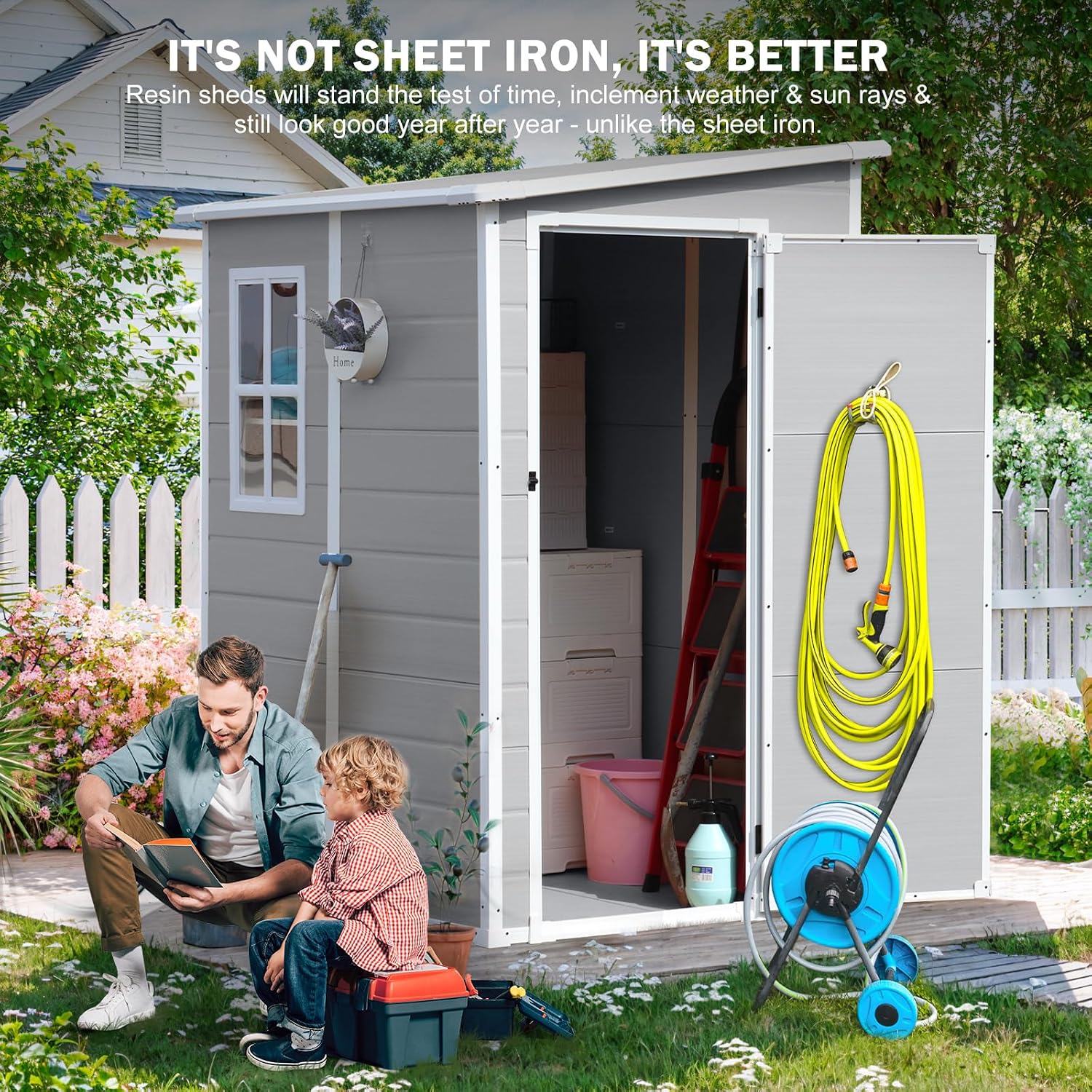 CDCASA 5x4 FT Storage Shed, Waterproof Resin Outdoor Storage Shed with Floor & Window & Lockable Door, Tool Shed for Garden Patio, Backyard,Lawn, All Weather Use, Light Gray