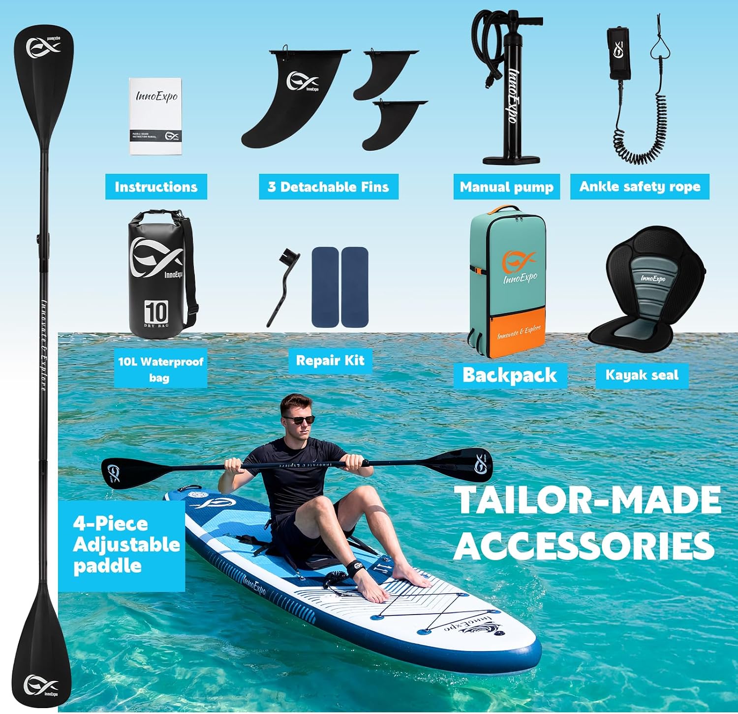 InnoExpo Inflatable Stand Up Paddle Boards with Premium Accessories, Wide Stable SUP Paddle Board Design, Non-Slip Comfort Deck for Youth & Adults