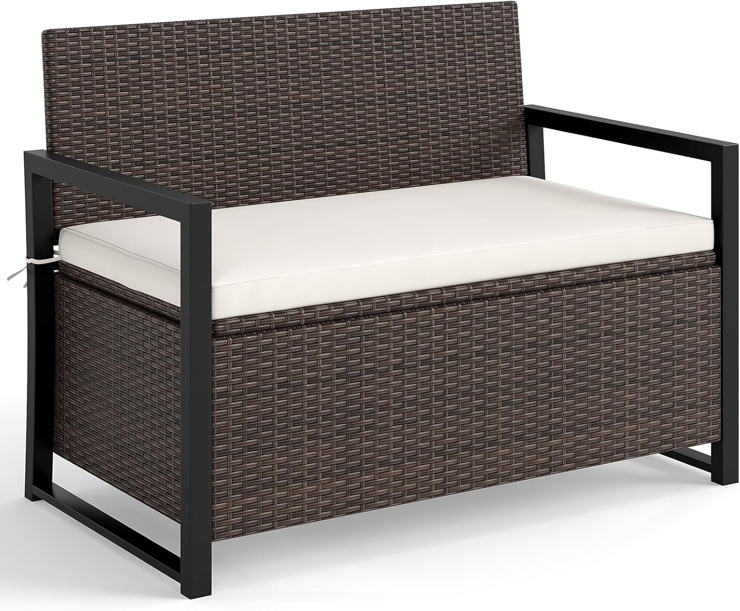 Tangkula 40 Gallon Outdoor Bench with Storage, Patio Wicker Storage Bench with Cushion, Cover, Metal Frame, Deck Box Seat for Backyard, Poolside, Balcony, Garden