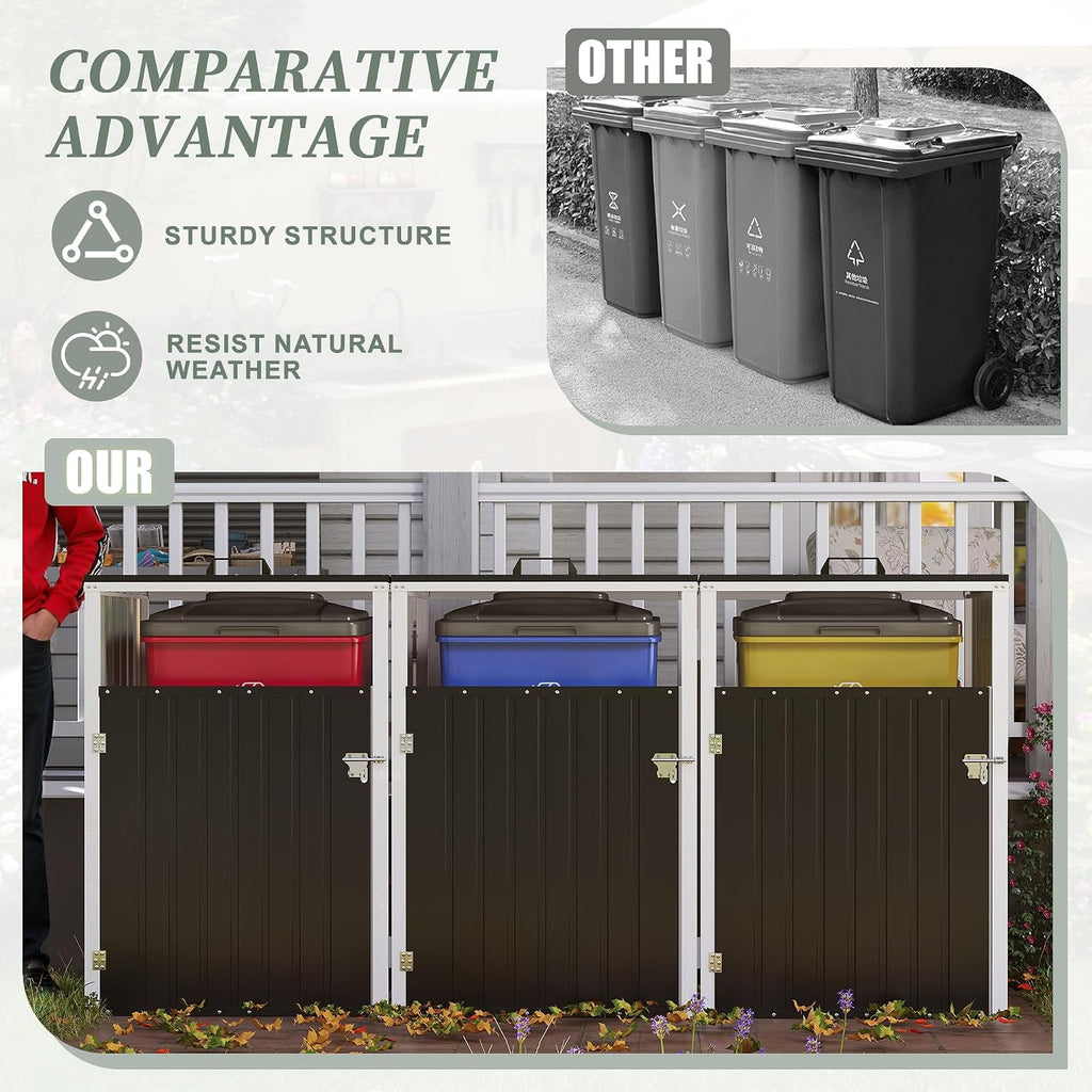 83 Cu Ft Outdoor Storage Shed, Metal Garbage Tool Trash Can Storage, Stainless Galvanized Steel, Pneumatic Support Rod, Bike Storage Shed for 3 Trash Bins (Dark Gray+3 Trash Can)