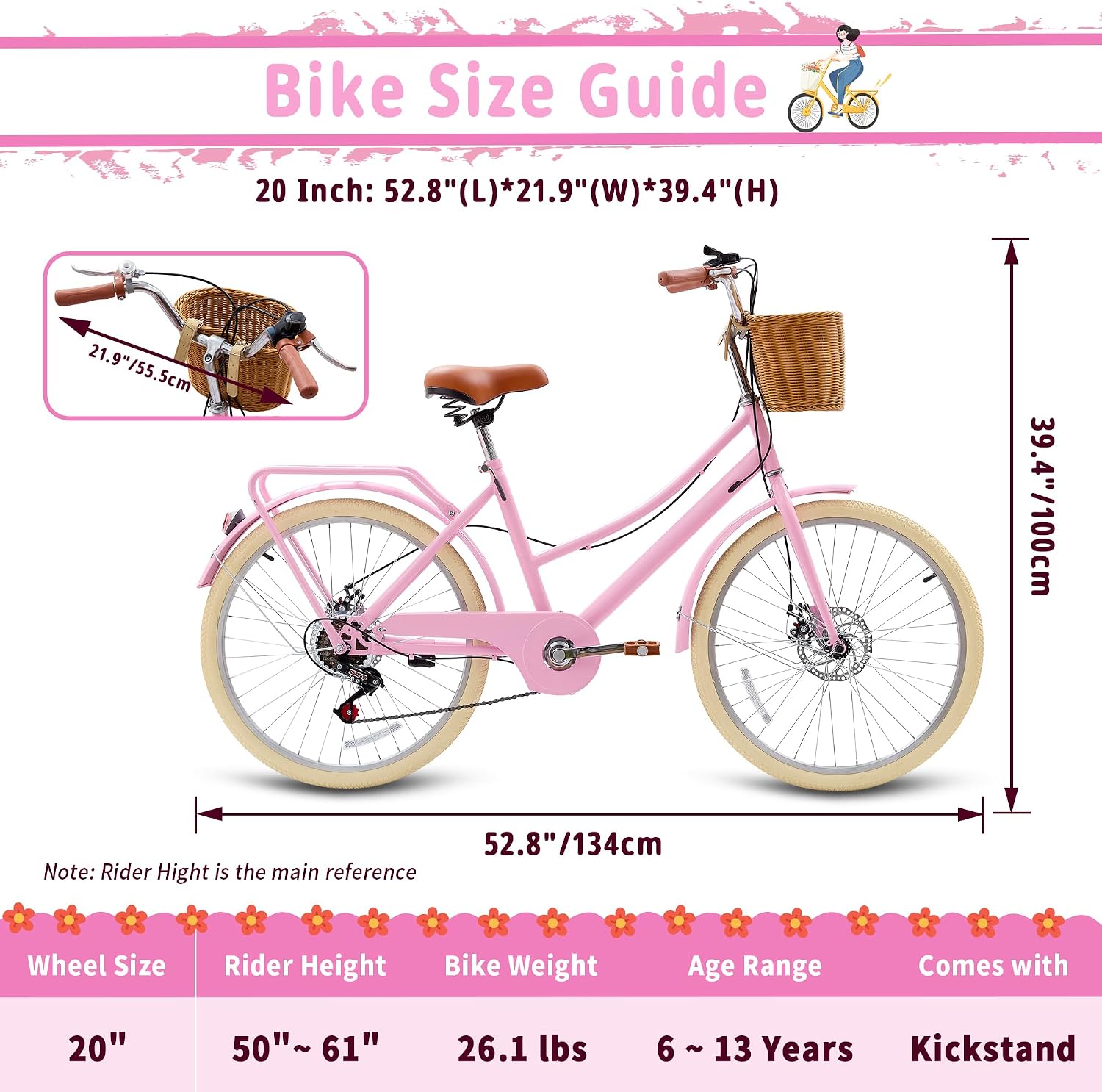 DEYGIA Kids Bike, Retro Cruiser Bike for Girls, 20 24 Inch 7-Speed Kids Bicycles for Ages 6-14 Girls Youth with Rattan Basket, Dual-Disc Brake Carbon Steel Frame Lightweight Bicycle, Multiple Colors