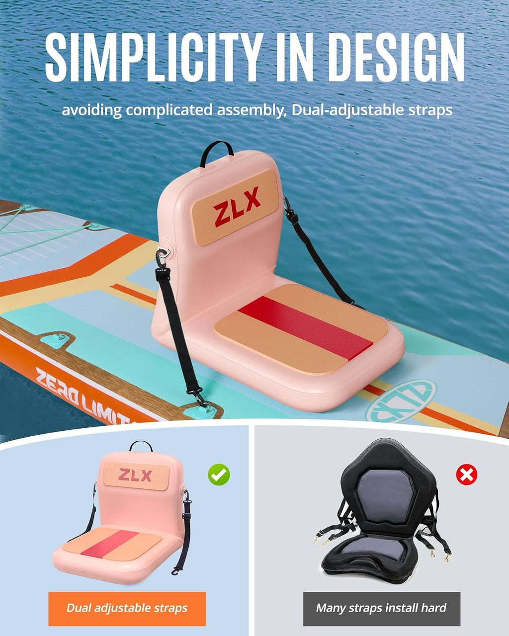 ZLX Paddle Board Seat with Back Support, Portable Kayak Seat, Air Pump Included, Universal Inflatable Seat for Adults, Foldable Ergonomic Design, Easy Install for Outdoor Fishing/Kayaking/Camping