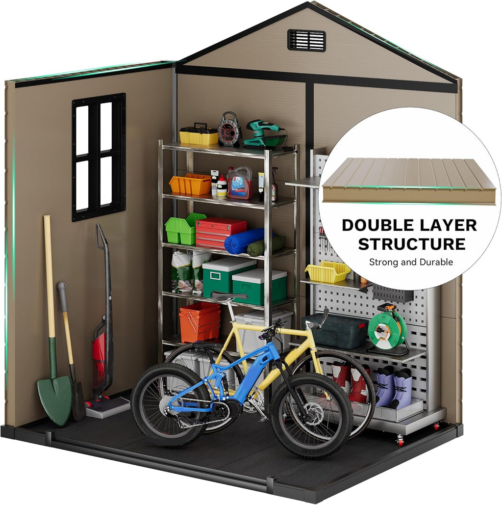 DWVO 6x4.4 FT Resin Storage Shed with Fence-Style and Side Windows, Lockable Door, and Vents Outdoor Storage Shed for Garden, Backyard, Patio, Lawn