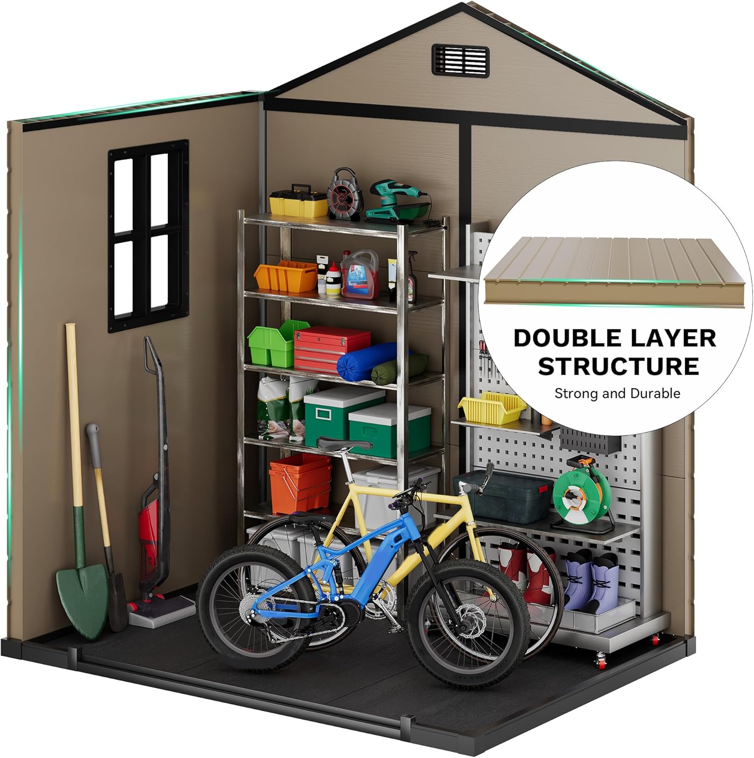 DWVO 6x4.4 FT Resin Storage Shed with Fence-Style and Side Windows, Lockable Door, and Vents Outdoor Storage Shed for Garden, Backyard, Patio, Lawn