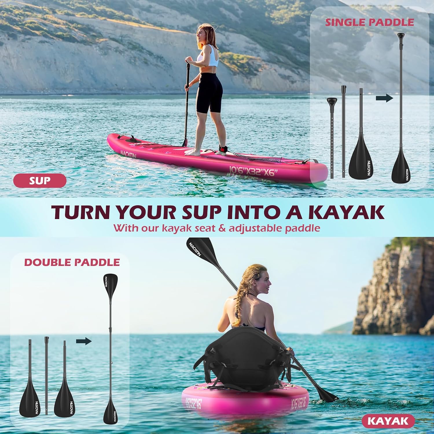 NACATIN Inflatable Stand Up Paddle Board,10'6'Upgrade Version Blow Up Paddle Boards for Adults with Premium SUP Accessories& Backpack,Adjustable Paddle,Camera Mount,Hand Pump, for Lake, River, Yoga