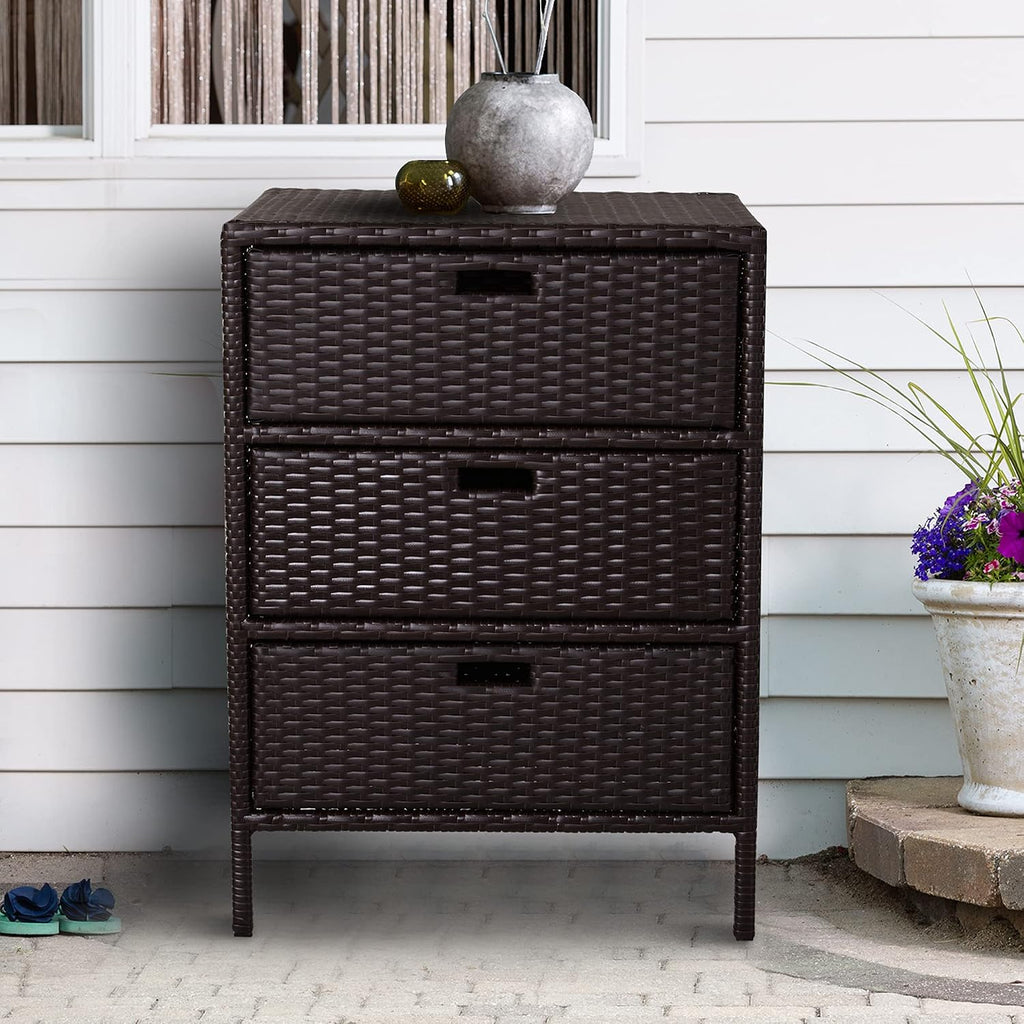 Outsunny Outdoor Towel Cabinet, PE Rattan Storage Organizer, Freestanding Towel Rack for Pool with 3 Drawers and Weather Safe Material, Brown