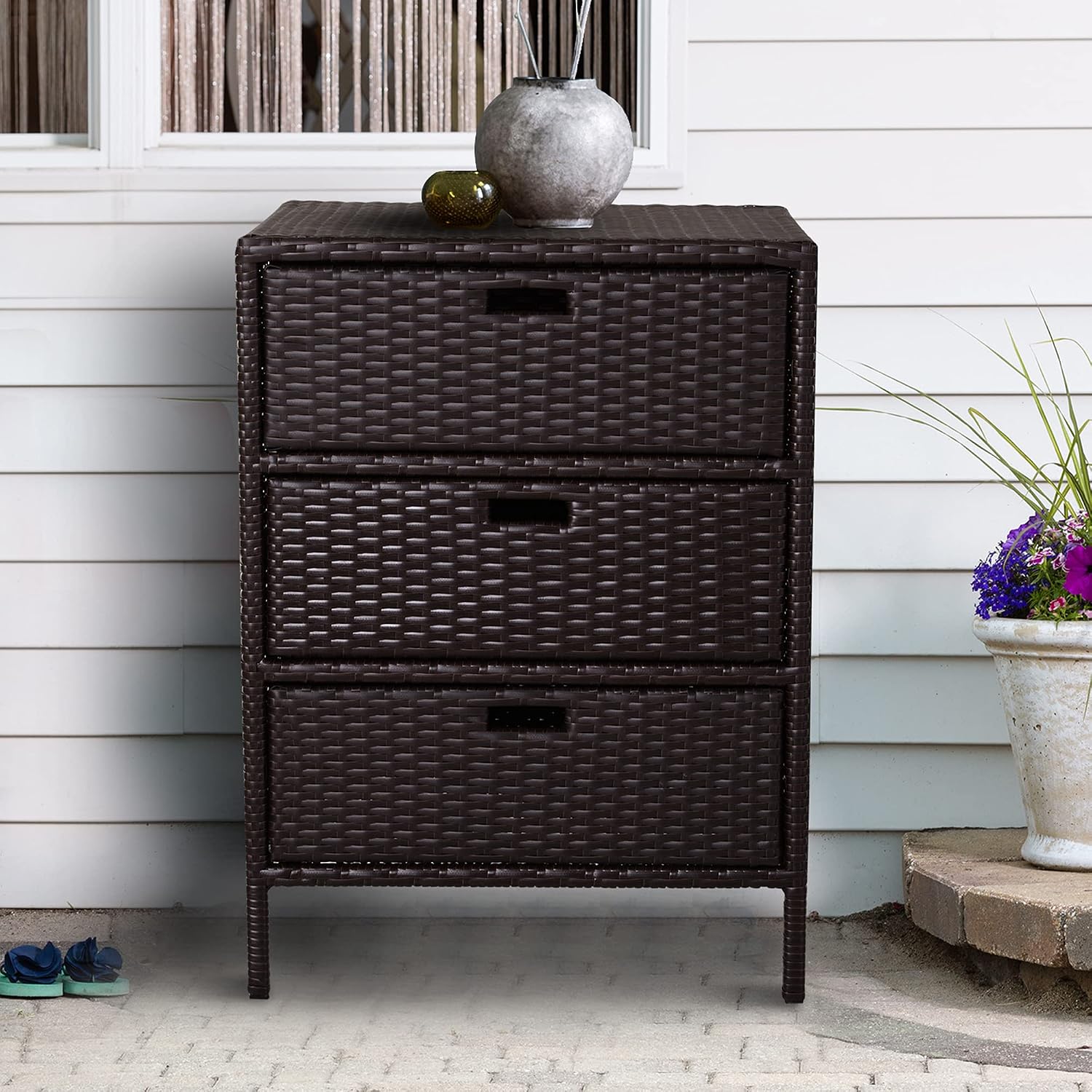 Outsunny Outdoor Towel Cabinet, PE Rattan Storage Organizer, Freestanding Towel Rack for Pool with 3 Drawers and Weather Safe Material, Brown