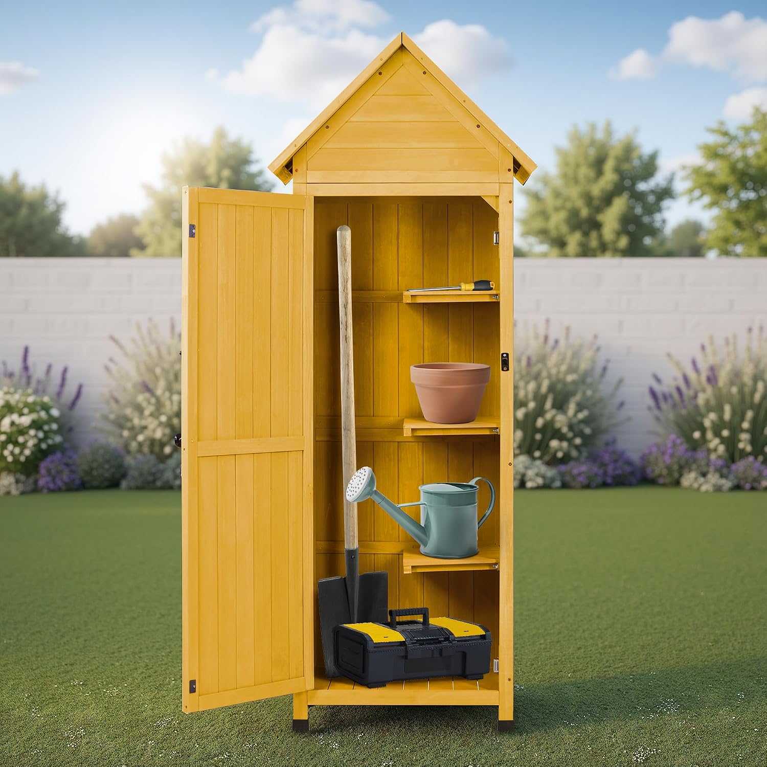 Wooden Outdoor Storage Cabinet,Tall Vertical Garden Tool Shed with Waterproof Metal Roof & Adjustable Feet – Perfect for Yard, Patio, Lawn & Deck (Yellow, 22' x 26' x 67')