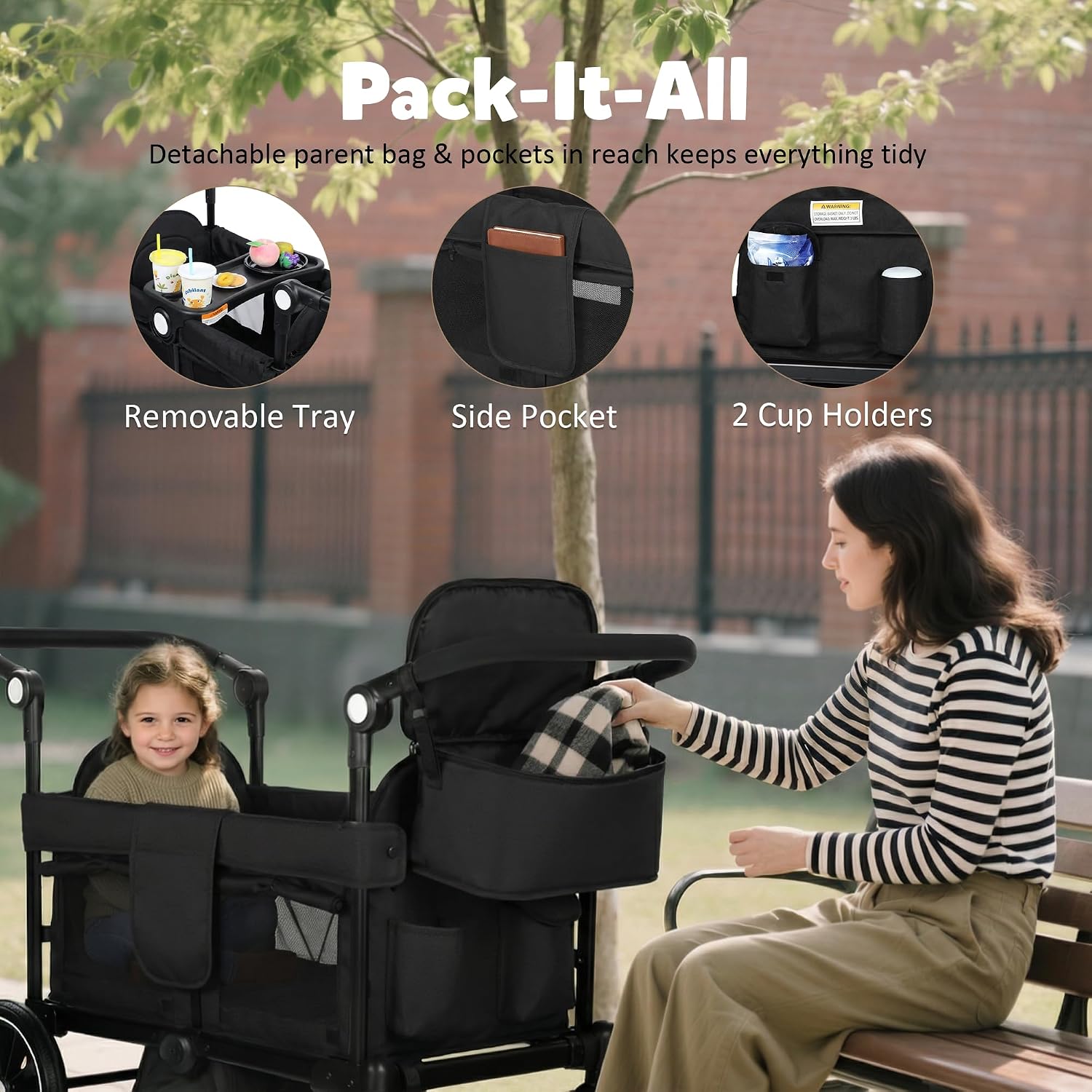 TODEFULL Wagon Stroller for 2 Kids, All-Terrain Stroller Wagon, Foldable Kids Wagon Cart Featuring with Harnesses, Adjustable Double Push Handle, Removable Canopy, Snack Tray, Large Storage Bag, Black