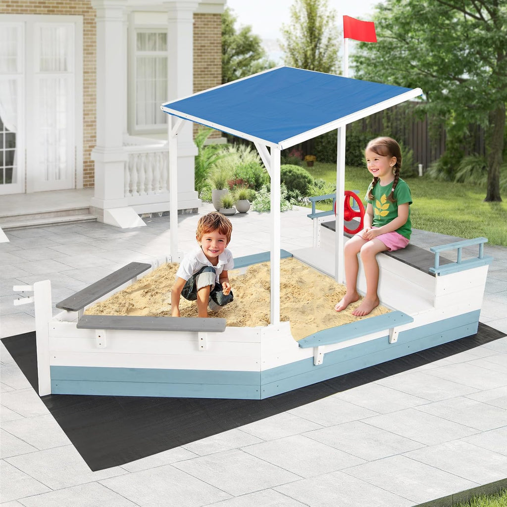 HONEY JOY Pirate Ship Kids Sandbox, Wooden Sand Box w/Storage Bench, Seat, Ground Liner, Sandpit Boat w/Rudder, Buoy, Realistic Flag, Children Outdoor Furniture for Backyard, Lawn, Garden