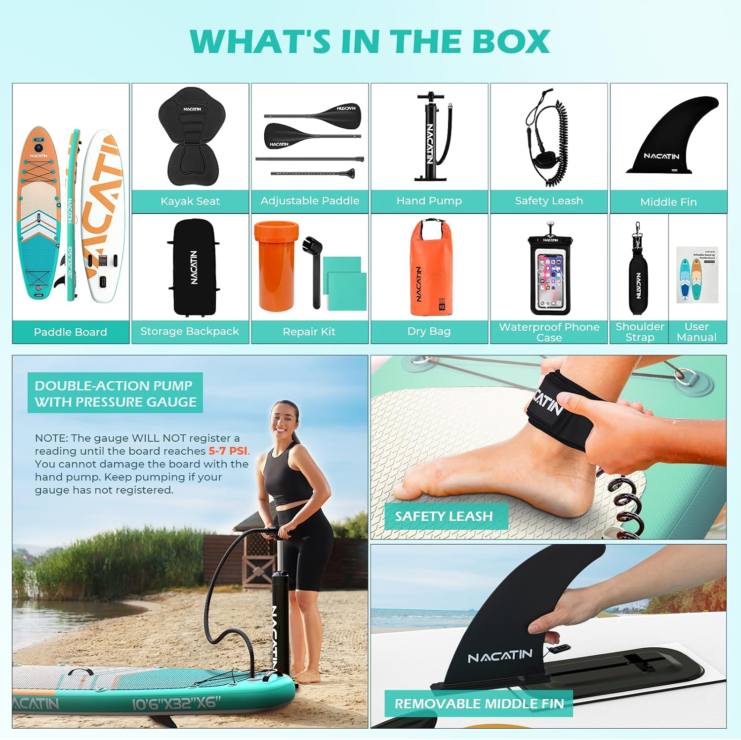 NACATIN Inflatable Stand Up Paddle Board,10'6'Upgrade Version Blow Up Paddle Boards for Adults with Premium SUP Accessories& Backpack,Adjustable Paddle,Camera Mount,Hand Pump, for Lake, River, Yoga