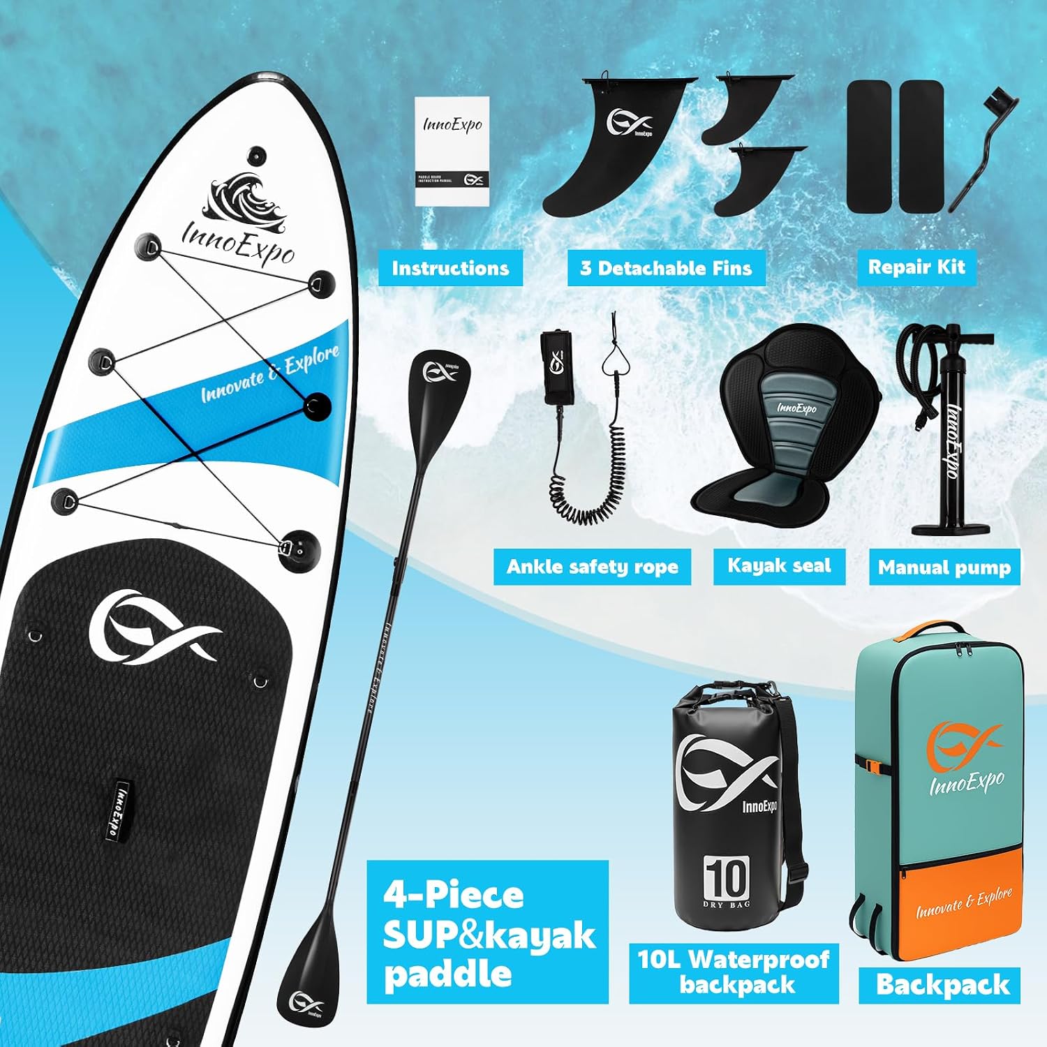 InnoExpo Inflatable Stand Up Paddle Boards with Premium Accessories, Wide Stable SUP Paddle Board Design, Non-Slip Comfort Deck for Youth & Adults
