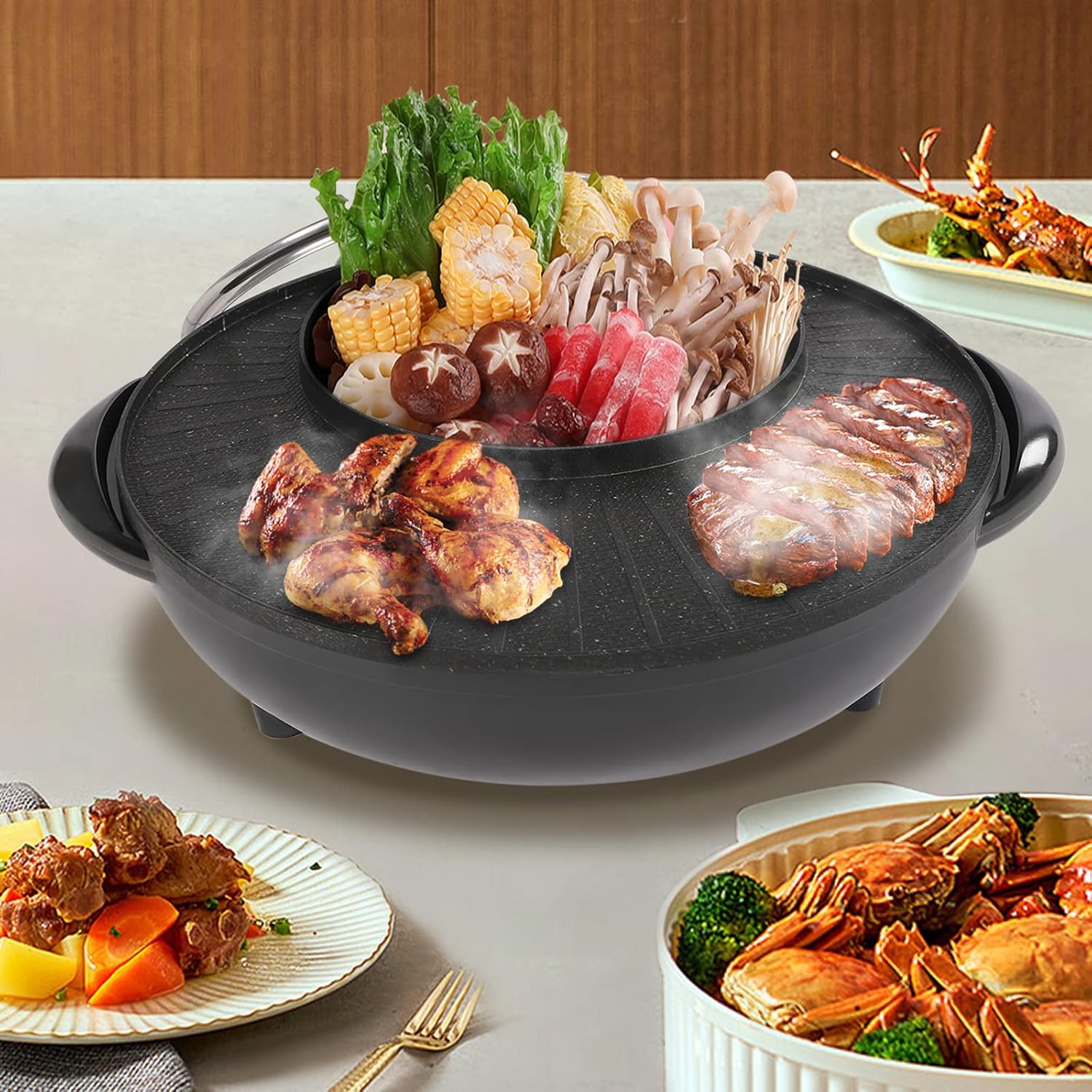 2 in 1 Electric Hot Pot & BBQ Grill - Smokeless Non-Stick Shabu Shabu Pot with Temperature Control, Ideal for Indoor Korean Barbecue, Serves 3-5 People, Fast Heating
