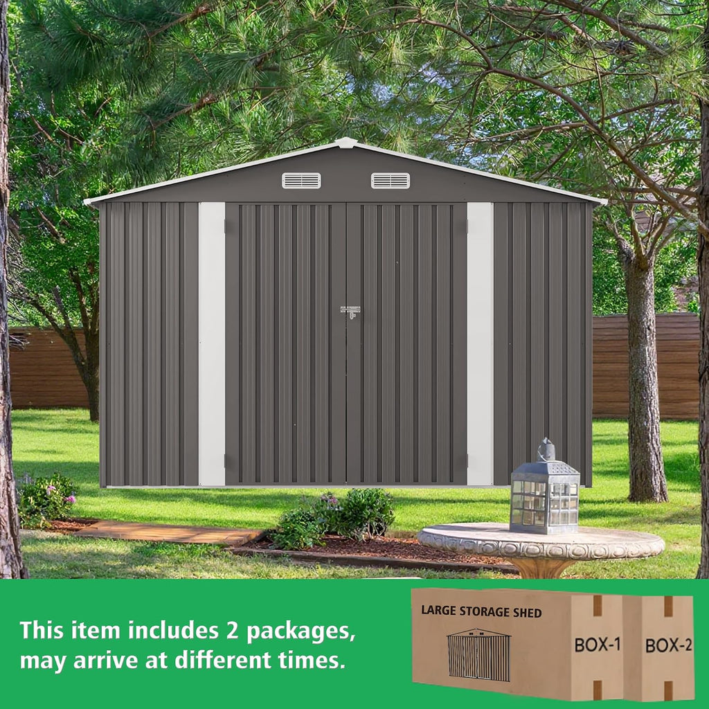 10x12 FT Outdoor Storage Shed, Large Metal Garden Shed with 2 Windows, Outside Tool Sheds with Lockable Hinged Doors, Waterproof Storage Building with 4 Air Vents for Backyard, Patio, Lawn, Gray