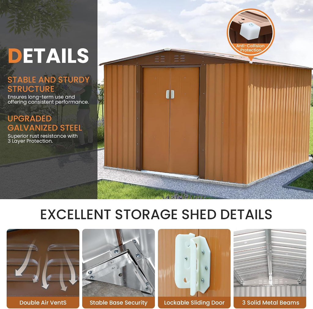 8x8 FT Outdoor Storage Shed, Large Metal Garden Shed with Sliding Doors & Updated Frame, All-Weather Steel Utility Shed for Backyard, Patio, Lawn, Coffee