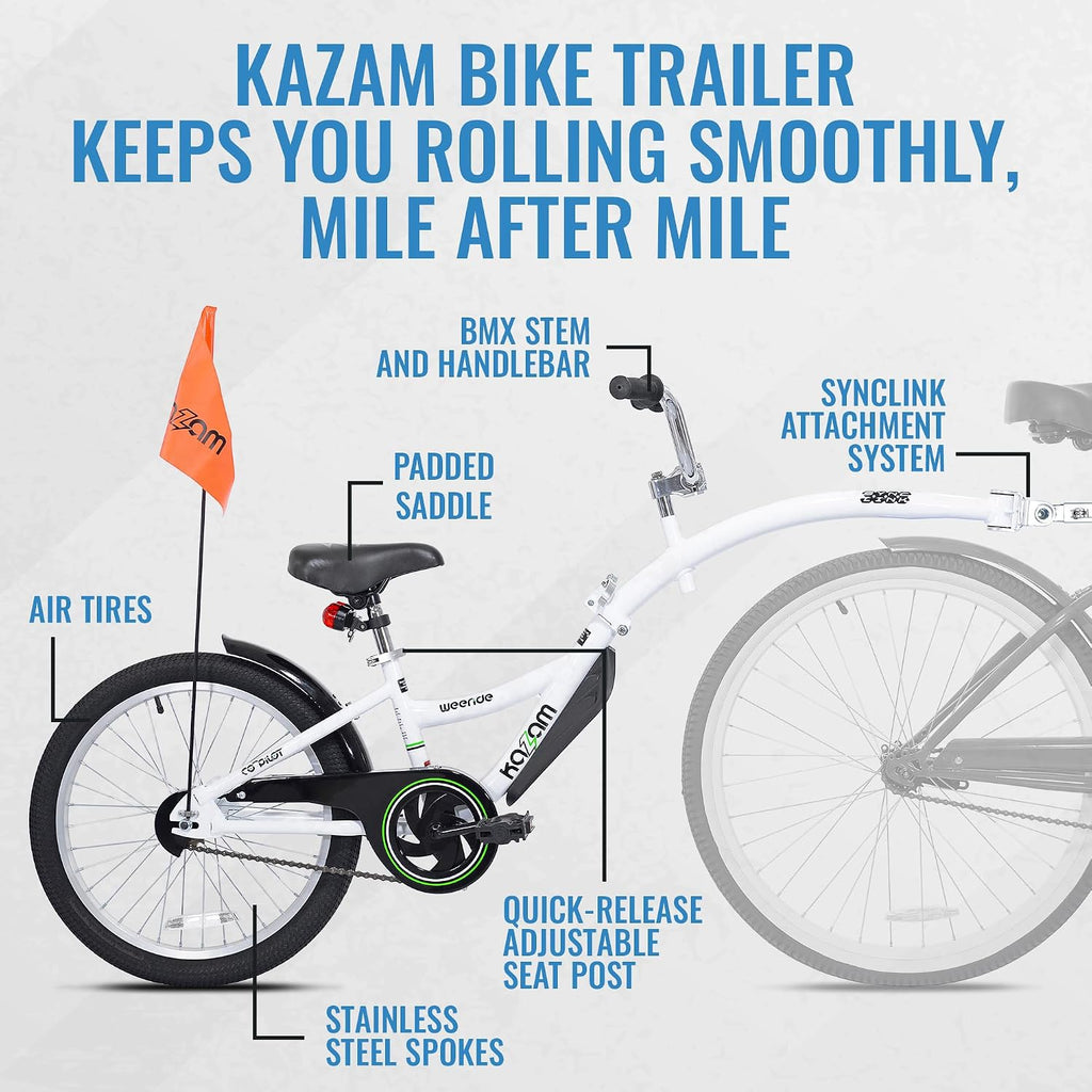 KaZAM Co-Pilot Bike Trailer - 20 Inch Bike Trailer with Adjustable BMX Stem and Handlebar - Lightweight Aluminum Frame and Padded Saddle for Cycling - Perfect for Family Rides