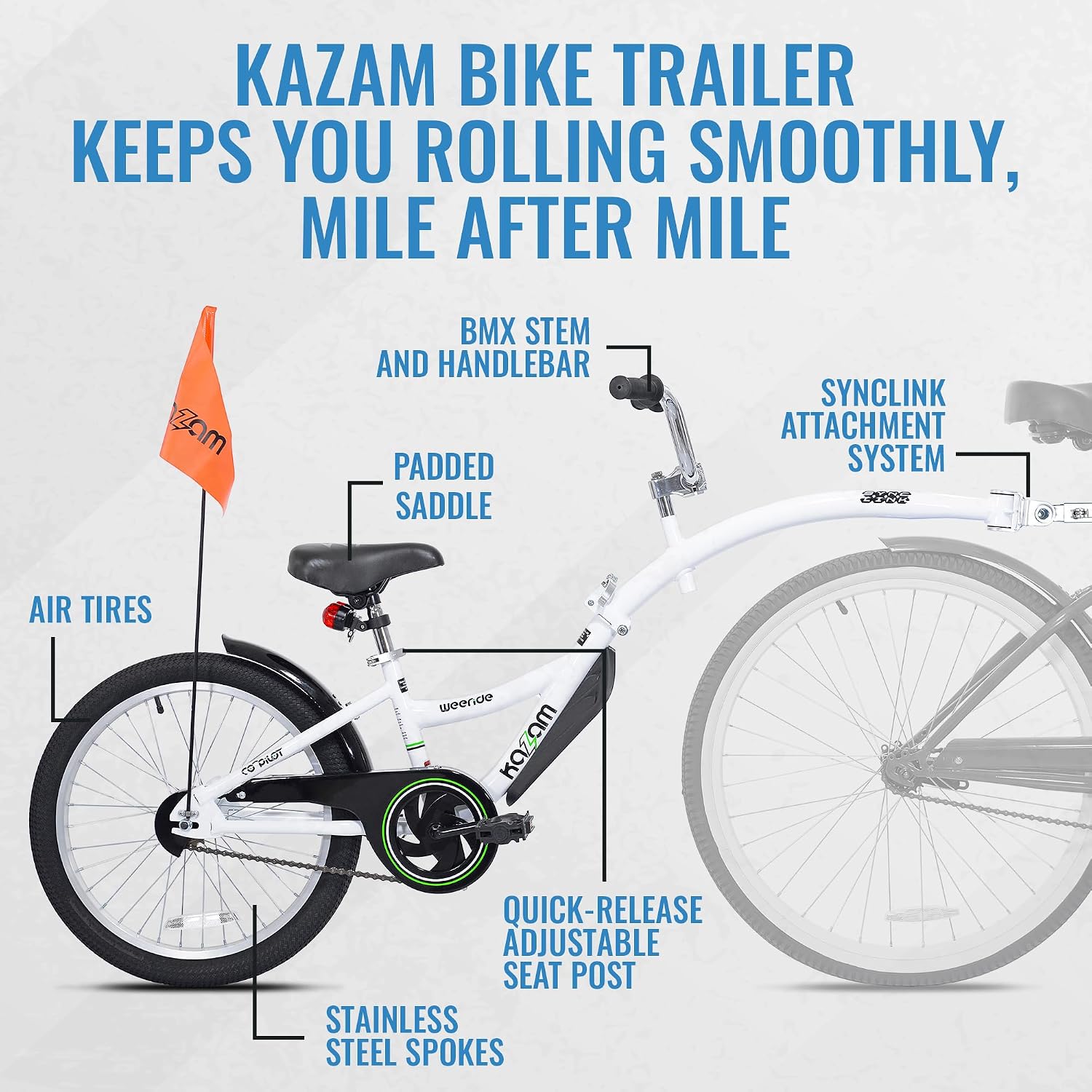 KaZAM Co-Pilot Bike Trailer - 20 Inch Bike Trailer with Adjustable BMX Stem and Handlebar - Lightweight Aluminum Frame and Padded Saddle for Cycling - Perfect for Family Rides