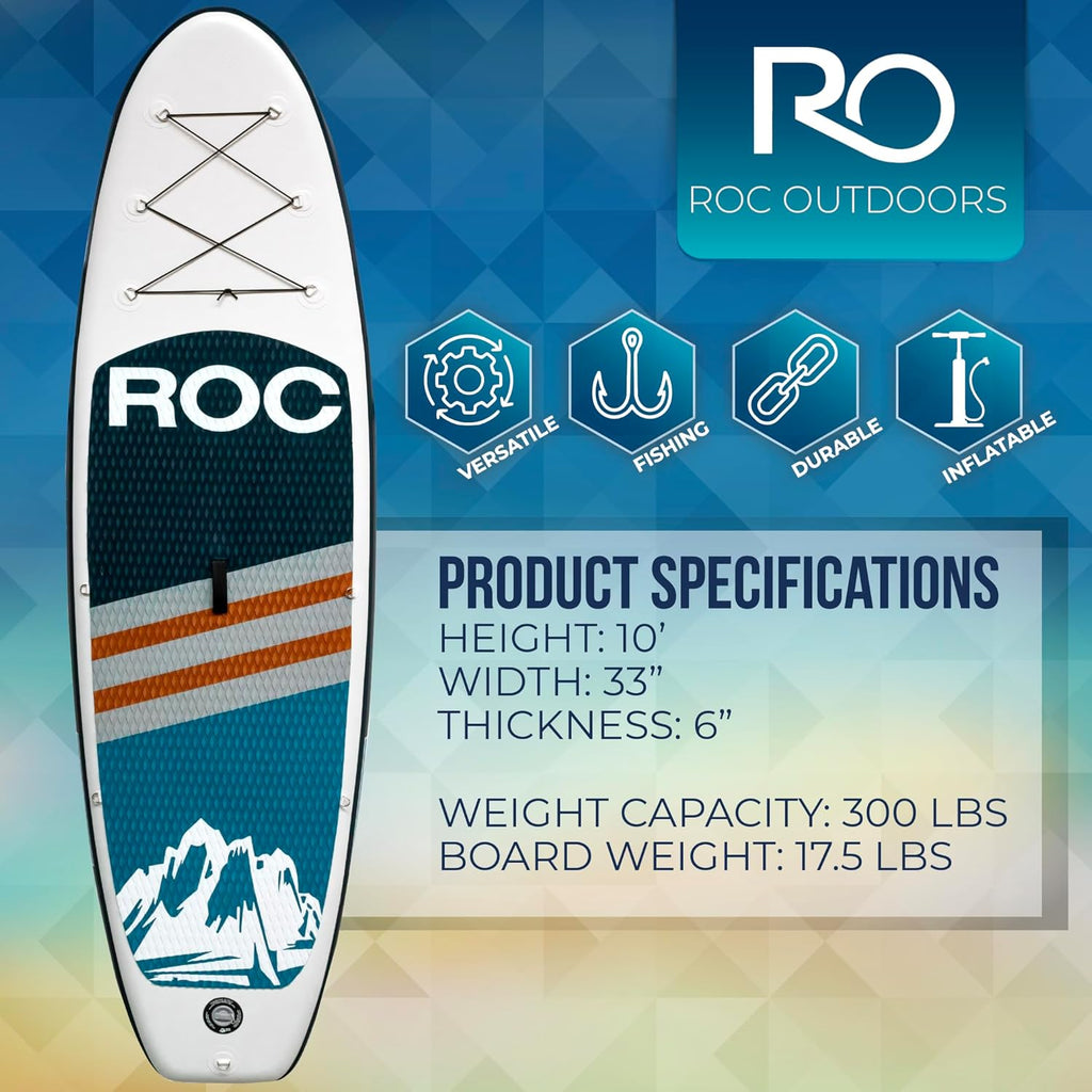 Roc Inflatable Stand Up Paddle Board with Premium SUP Paddle Board Accessories, Wide Stable Design, Non-Slip Comfort Deck for Youth & Adults