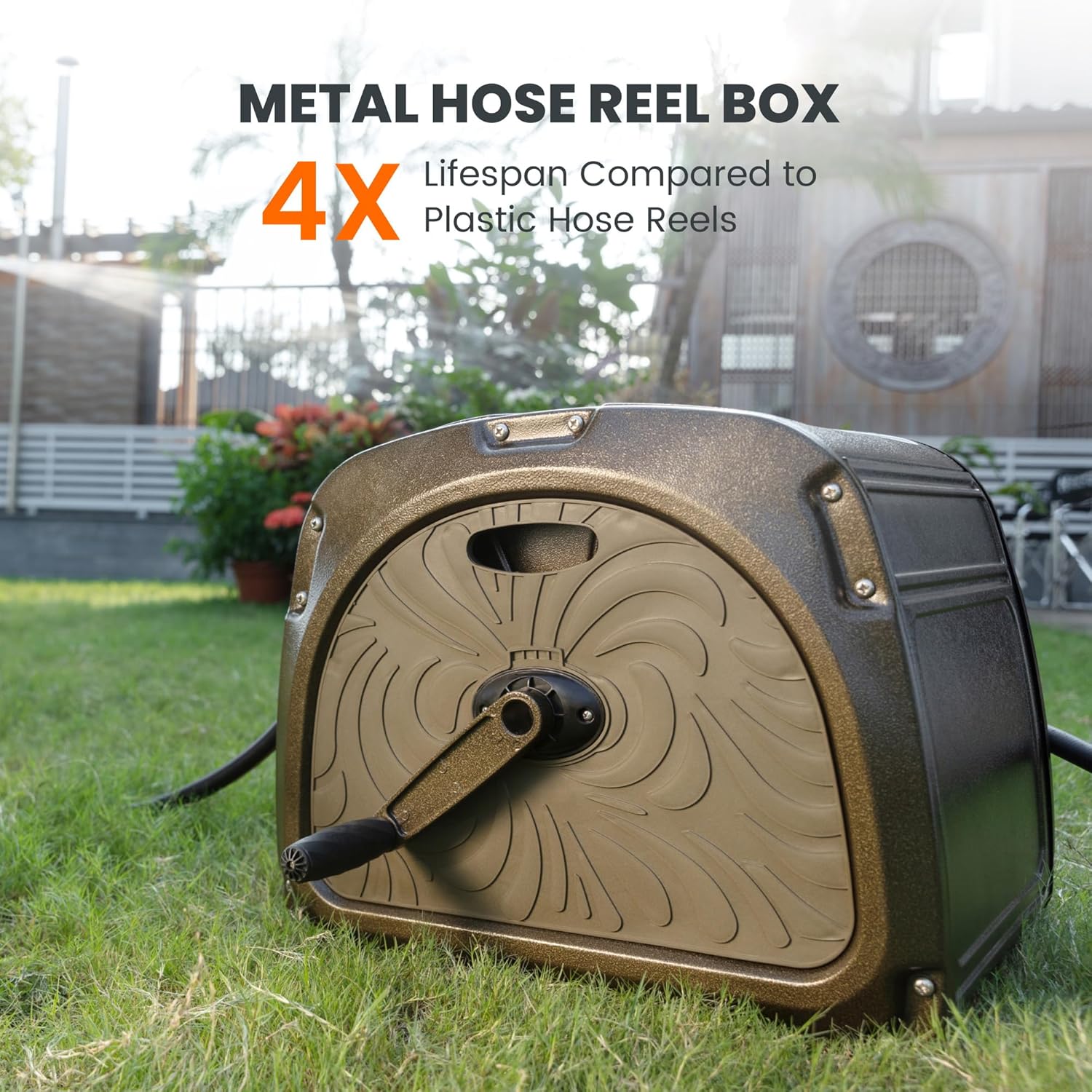 Giraffe Tools SW5 Metal Hose Reel Box, Heavy Duty Garden Hose Storage Reel Hideaway, Crank Handle, 150ft 5/8' Hose Capacity, Green