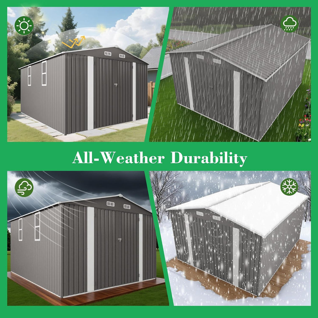 10x12 FT Outdoor Storage Shed, Large Metal Garden Shed with 2 Windows, Outside Tool Sheds with Lockable Hinged Doors, Waterproof Storage Building with 4 Air Vents for Backyard, Patio, Lawn, Gray