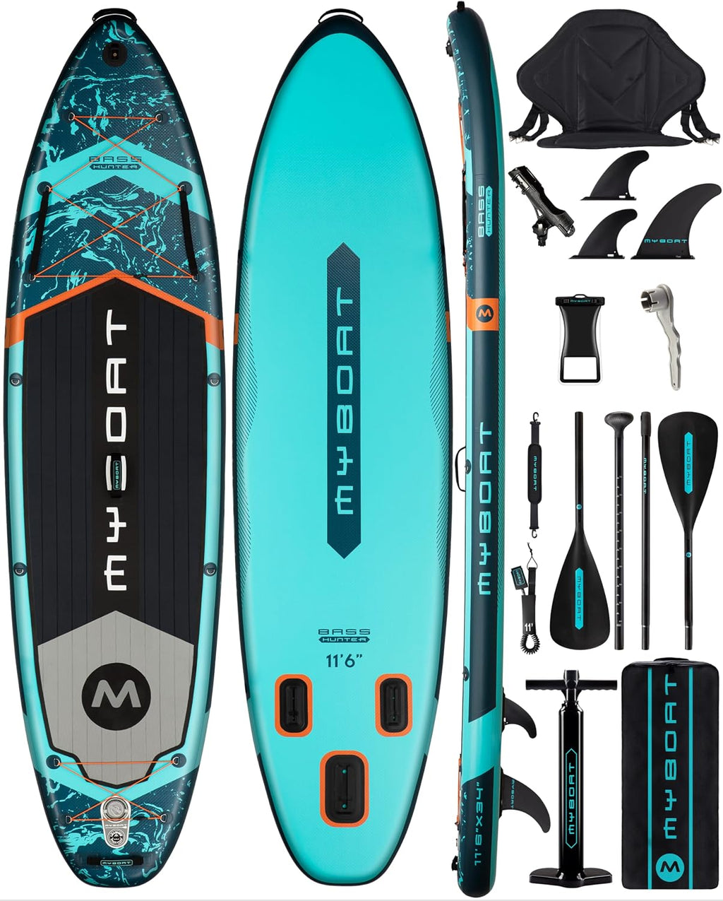 MYBOAT 11'6'×34'×6' Extra Wide Inflatable Paddle Board, Stand Up Paddle Board for Fishing, Sup Board with 3 Removable Fins, Dual Bungees, Camera Mount, Hand Pump, Strong Paddle,Leash