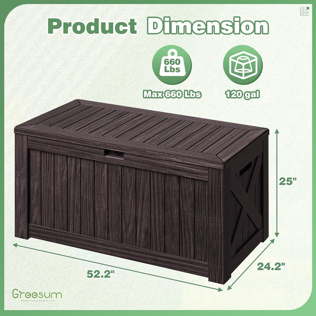 Greesum Outdoor Storage Box 120 Gallon Storage Bin with Lid for Patio Furniture, Garden Tools, Pool Supplies, Lockable, Waterproof and UV Resistant, Dark Brown