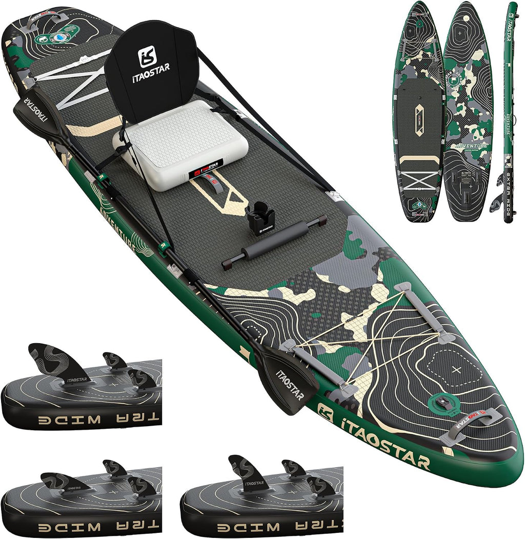 iTAOSTAR Adventure 12' × 35'/39' Inflatable Stand Up Paddle Board with Seat, Extra Wide SUP Board with 5 Fins Stable Design for Adults, Youth, All Skill Levels, Lakes, Oceans & Fishing