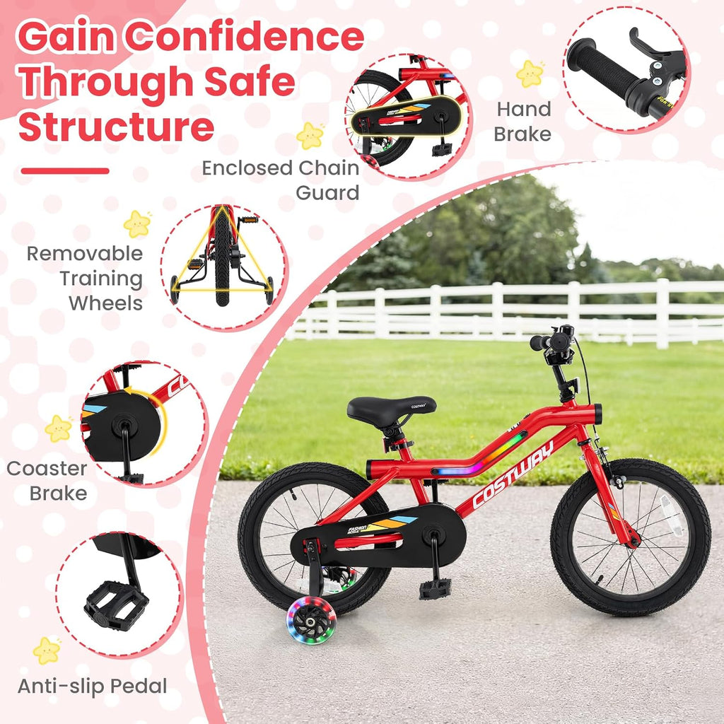 COSTWAY 16'/18' Lighted Kids Bike, Children Sport Bicycle with LED Light-up Frame, Adjustable Saddle, Training Wheels, Handbrake & Coaster Brake, Kids Riding Bike for 4-7/4-8 Years Old Boys & Girls