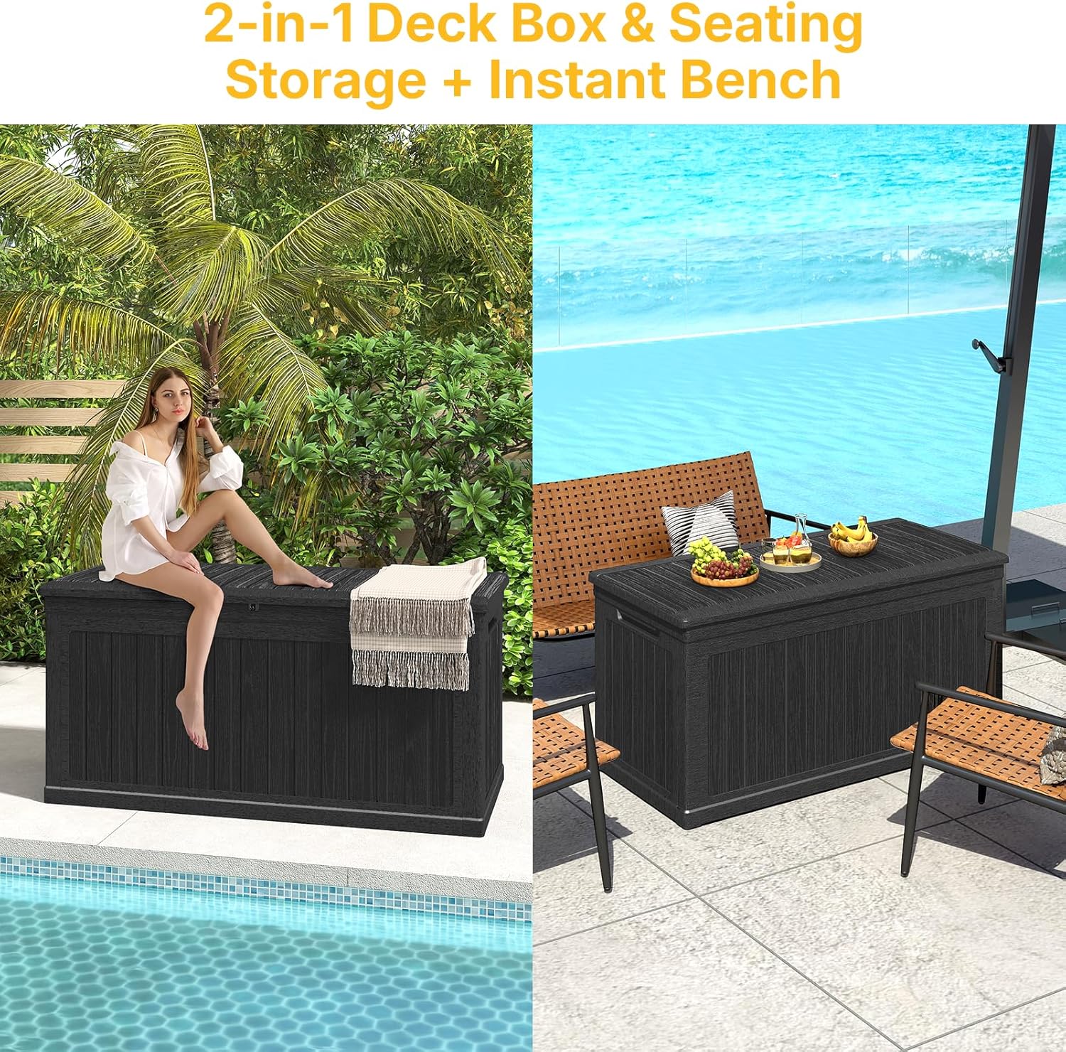 Skepphlay 260 Gallon Deck Box Large Outdoor Storage Box, Waterproof Pool Storage Cushion Boxes Bin, 440 lbs Load Capacity Black Outdoor Storage Bench for Garden, Patio