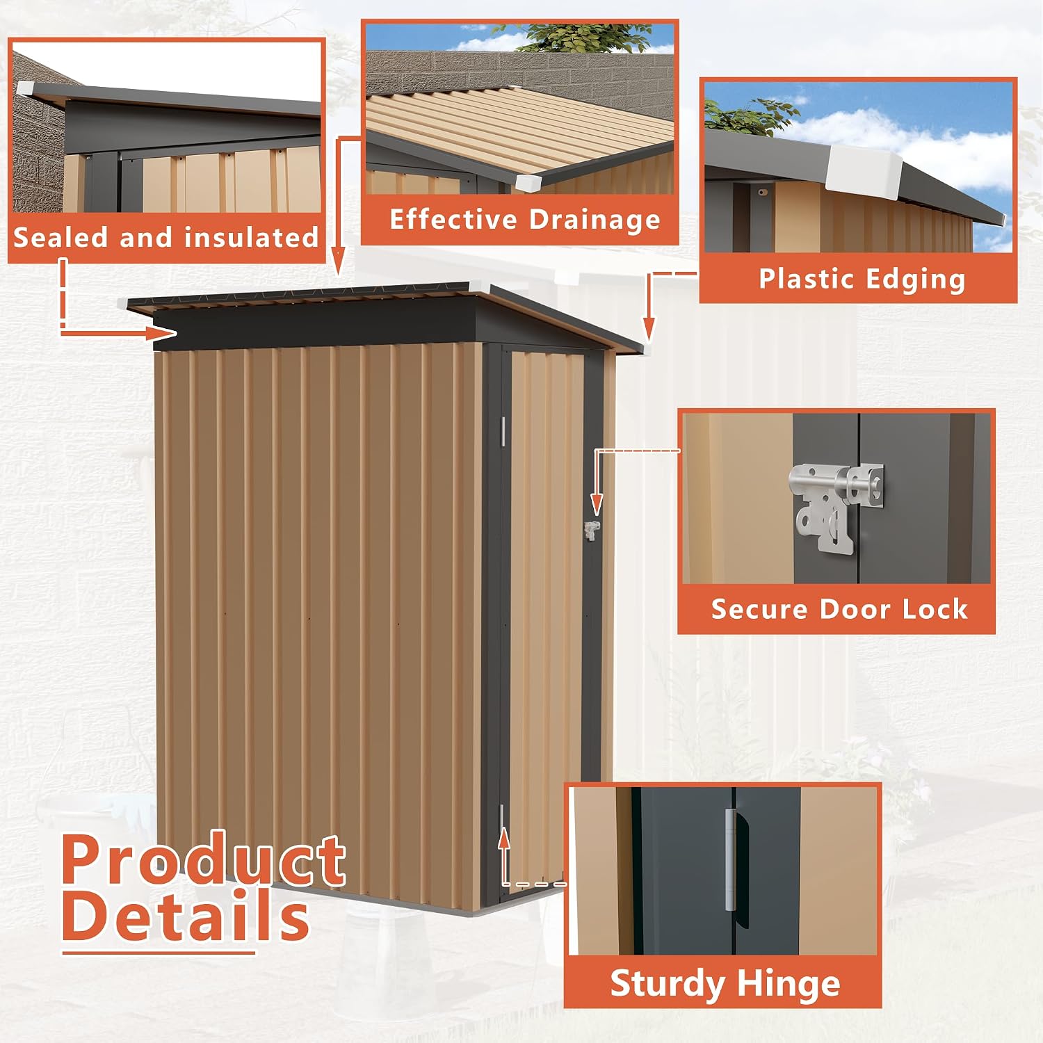 YOPTO 4.27x2.42 FT Outdoor Storage Shed, Metal Garden Tool Shed with Sloped Roof & Hinge Door for Backyard,Patio Lawn,Black+Brown