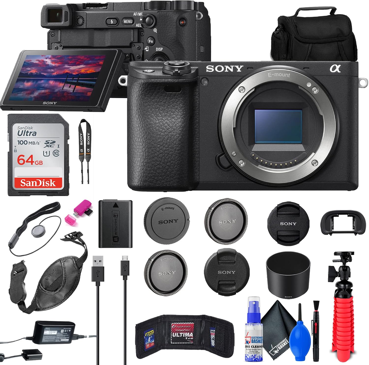 Sony a6400 Mirrorless Camera (ILCE-6400/B) + 64GB Card + Card Reader + Case + Flex Tripod + Hand Strap + Memory Wallet + Cap Keeper + Cleaning Kit (Renewed)