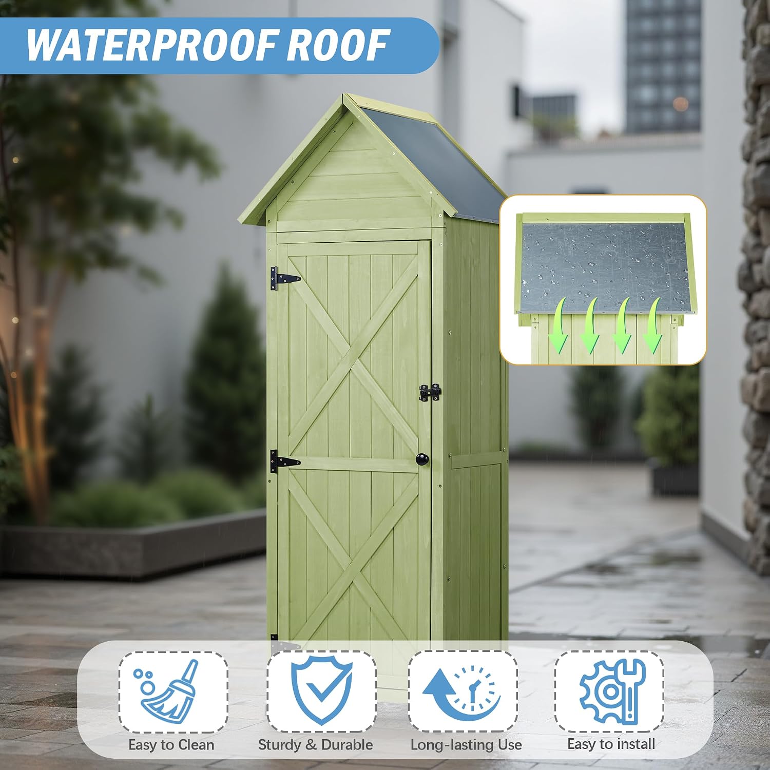 Wooden Outdoor Storage Cabinet,Tall Vertical Garden Tool Shed with Waterproof Metal Roof & Adjustable Feet – Perfect for Yard, Patio, Lawn & Deck (Green, 22' x 26' x 67')