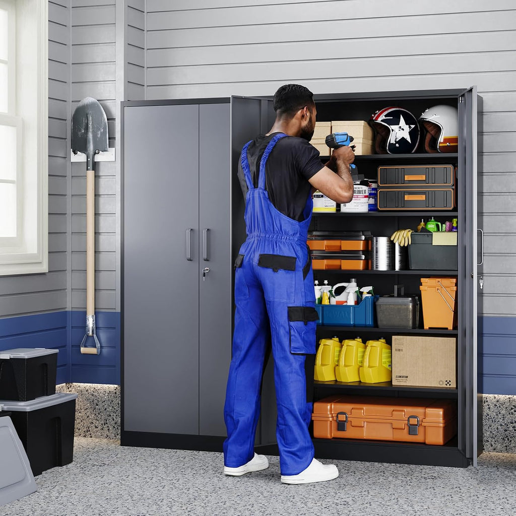 Yizosh Metal Garage Storage Cabinet with 2 Doors and 5 Adjustable Shelves - 71' Steel Lockable File Cabinet,Locking Tool Cabinets for Office,Home,Garage,Gym,School (Gray Black)
